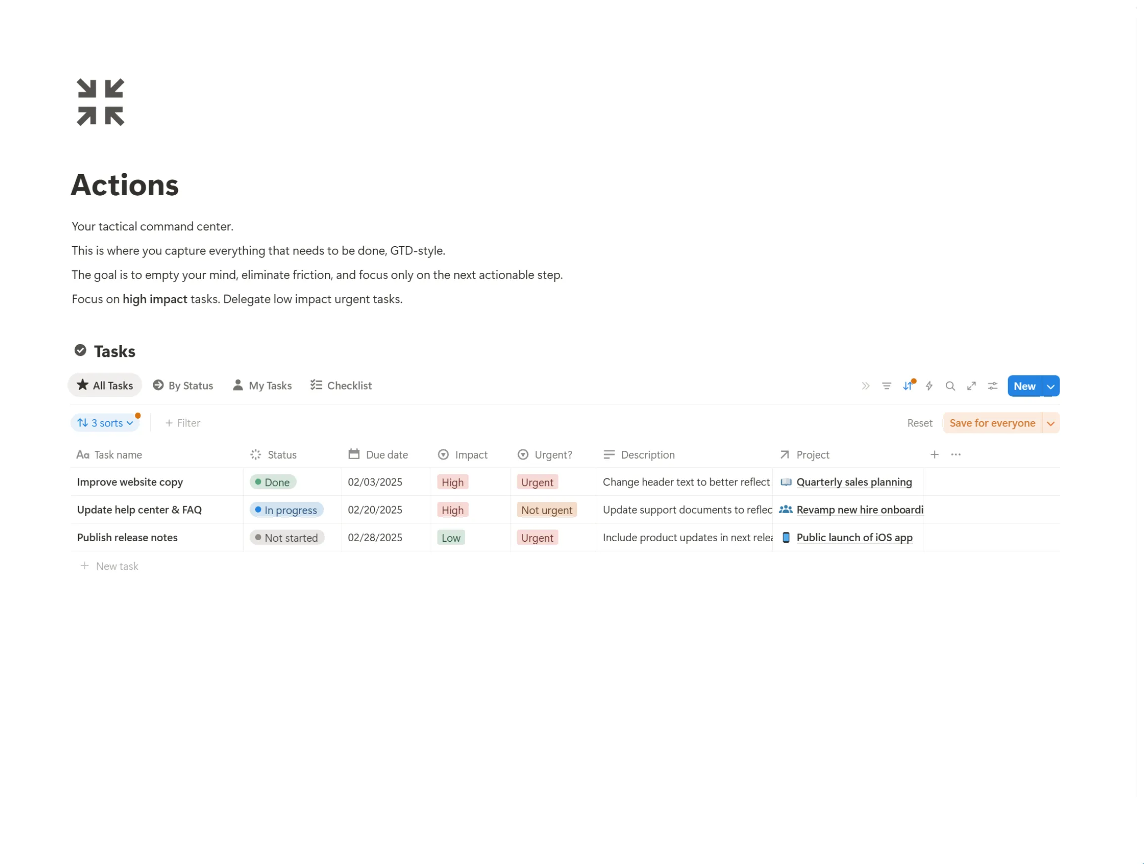 A GTD-style task management system in Notion for organizing daily actions, showing an inbox and prioritized to-do list.