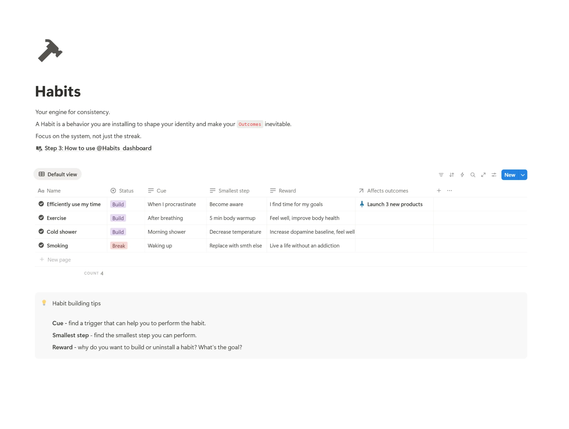 A simple and effective habit tracker dashboard in the Life OS Notion template for building and monitoring consistent daily routines.