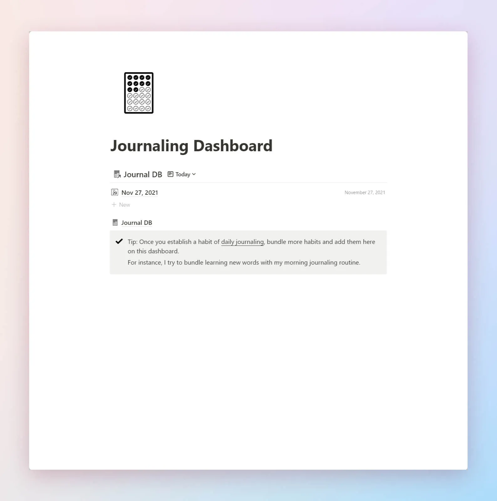 Notion journaling dashboard.
