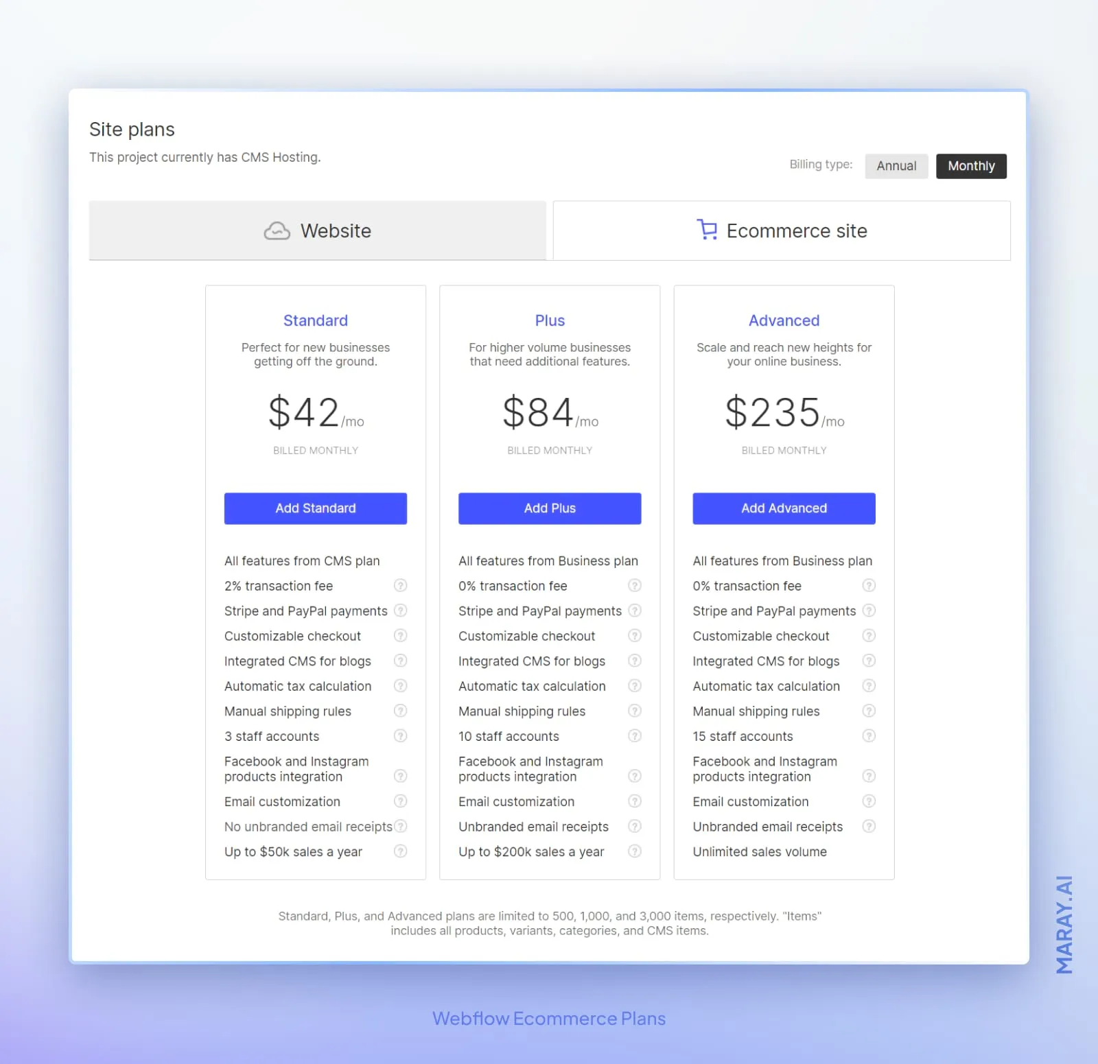 Webflow's pricing for ecommerce site plans.