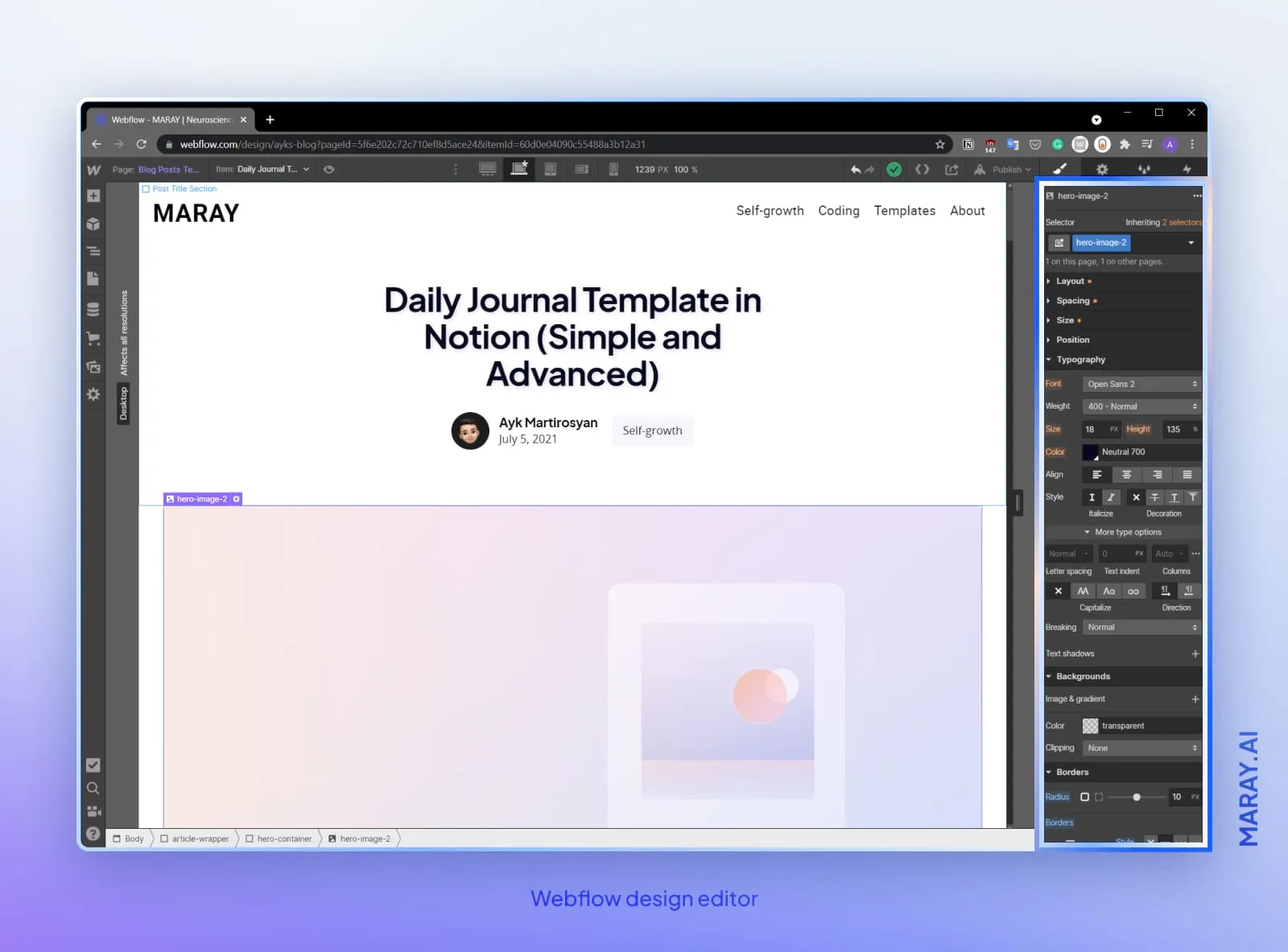 Webflow editor interface showing maray.ai blog.