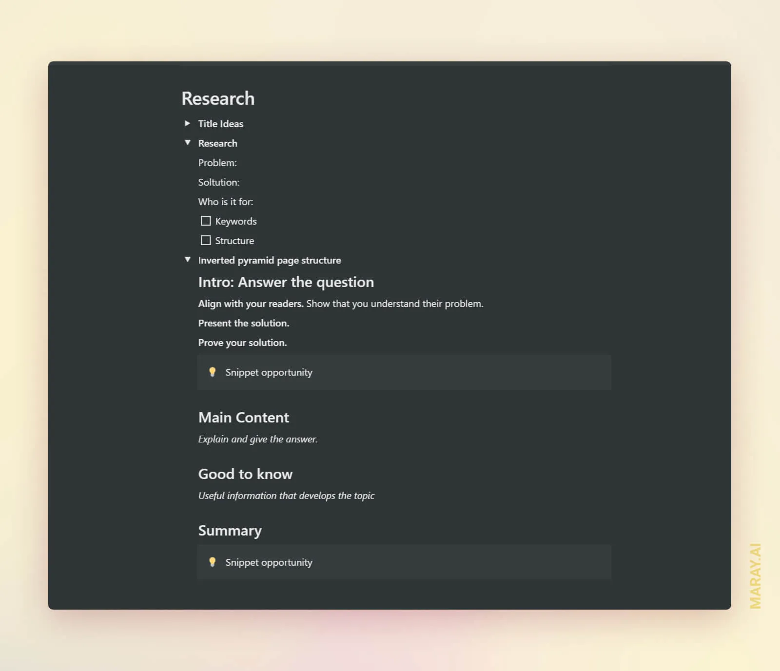 Research and structure of the blog post template page I use in Notion.