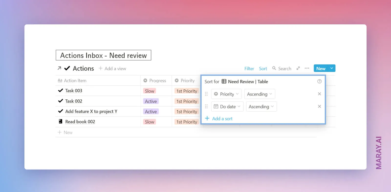Step-by-step guide: create Actions Inbox view for the GTD Dashboard with the following filtering and sorting.