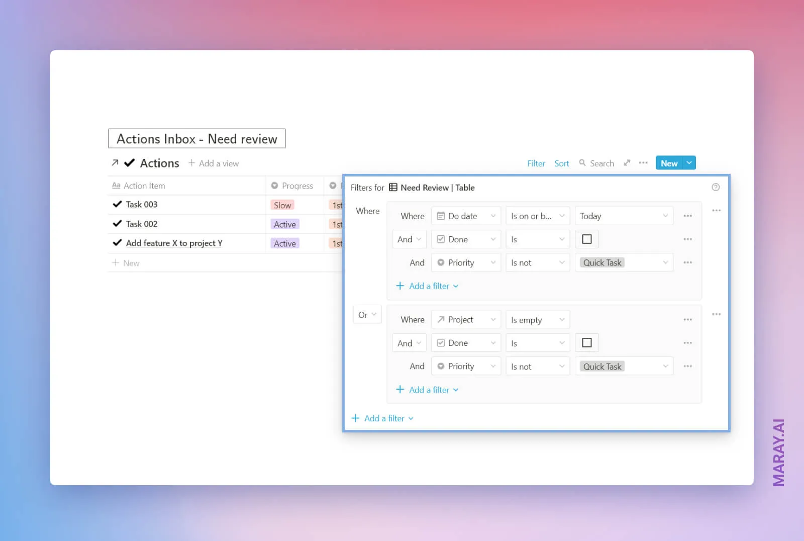 Step-by-step guide: create Actions Inbox view for the GTD Dashboard with the following filtering and sorting.