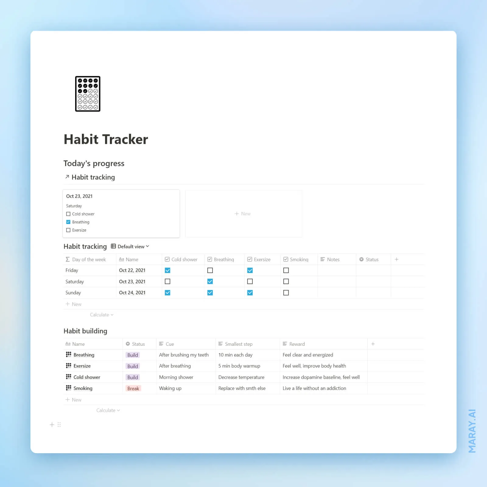 A habit tracker dashboard in Notion.