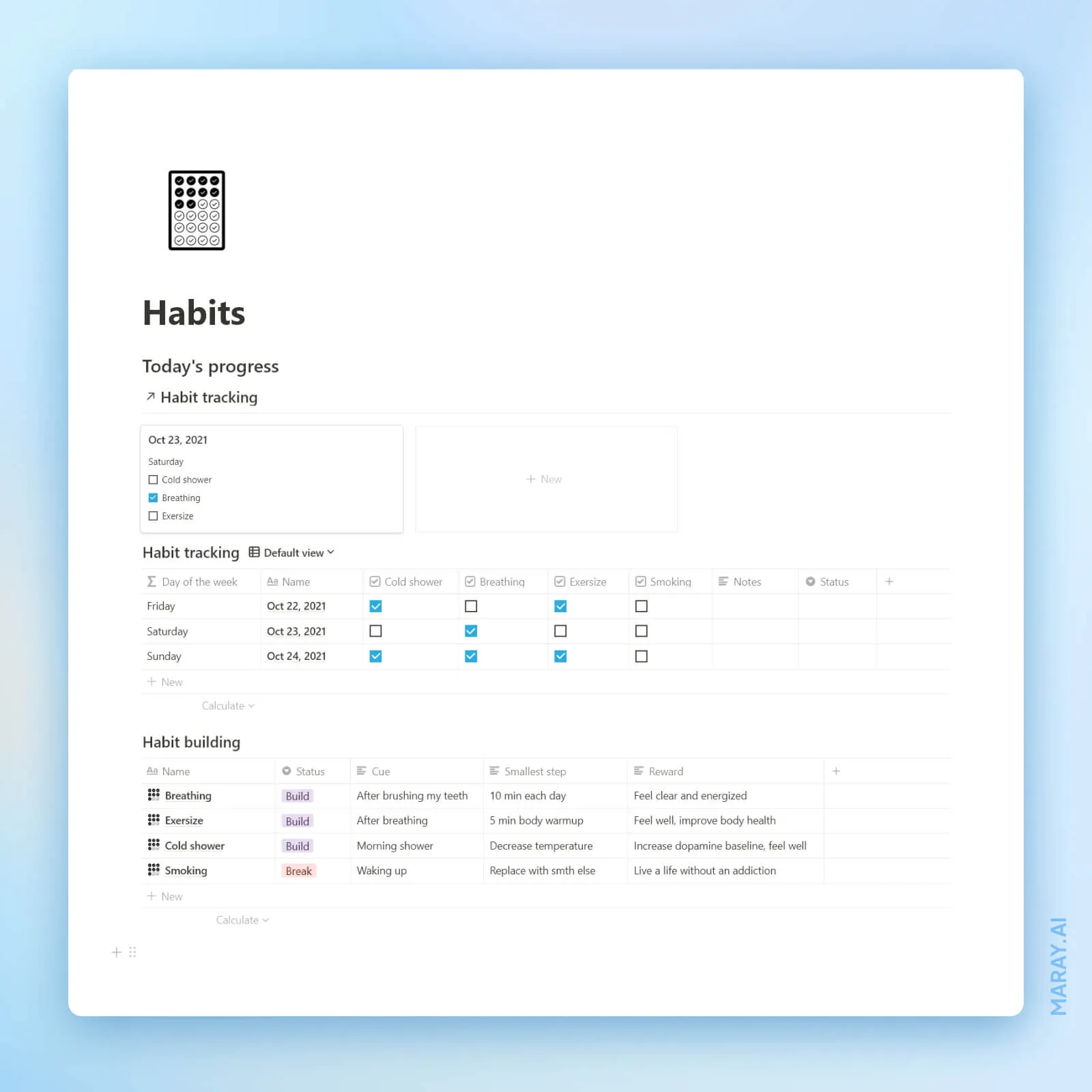 Habits dashboard in Notion.