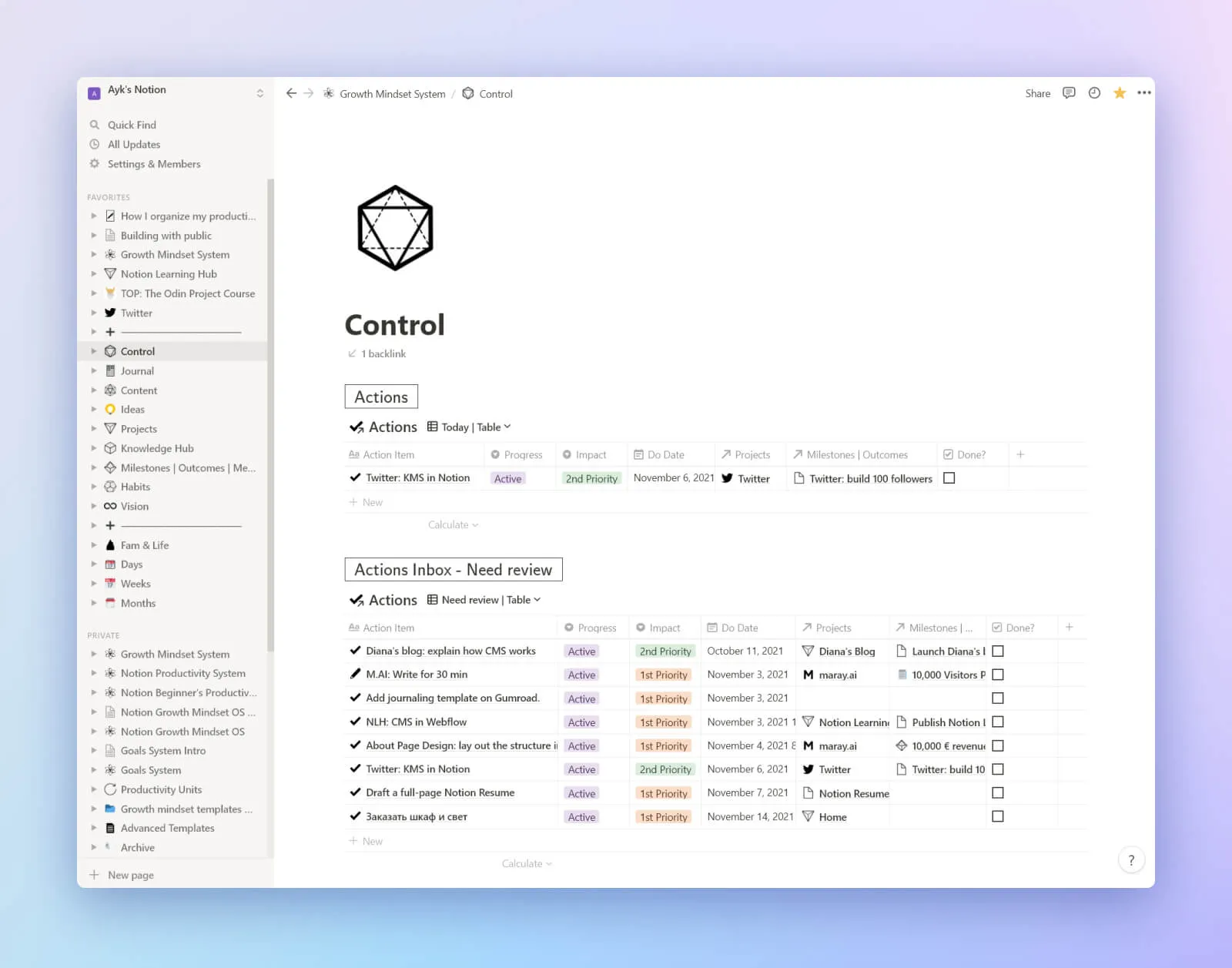 GTD Dashboard in Notion saved on the sidebar.