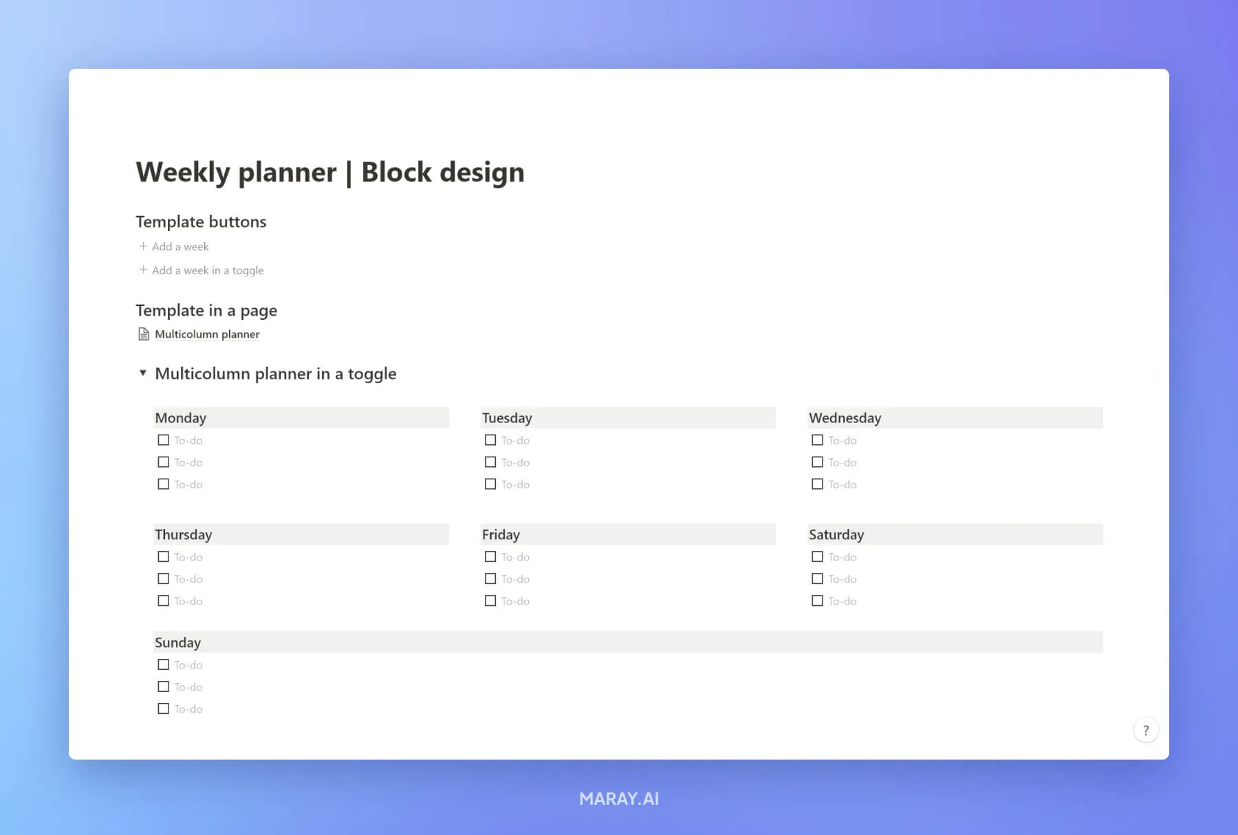 Block design weekly planner in Notion to organize your tasks and agenda.