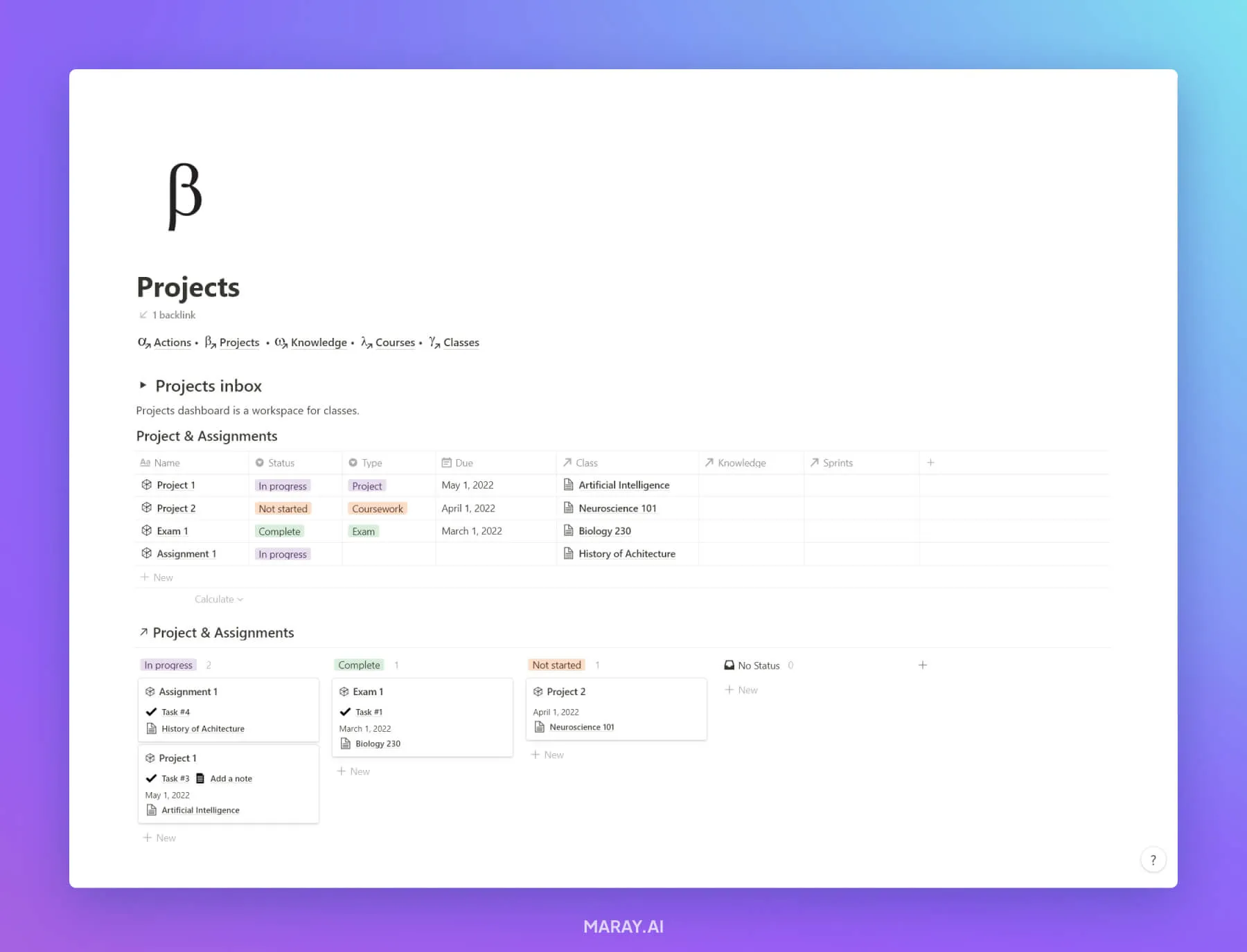 Student Projects dashboard template in Notion.