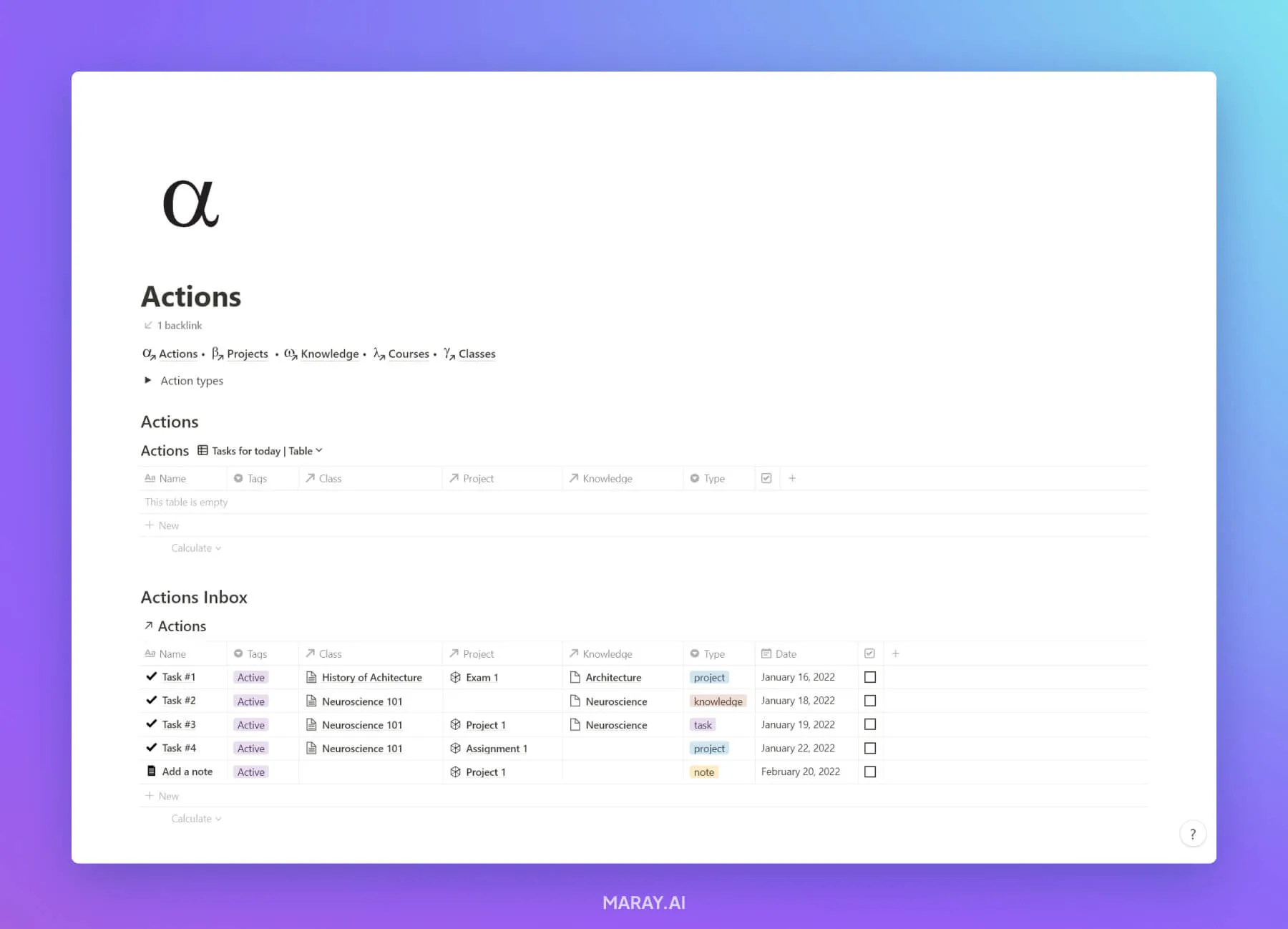 Actions dashboard of the Student OS.