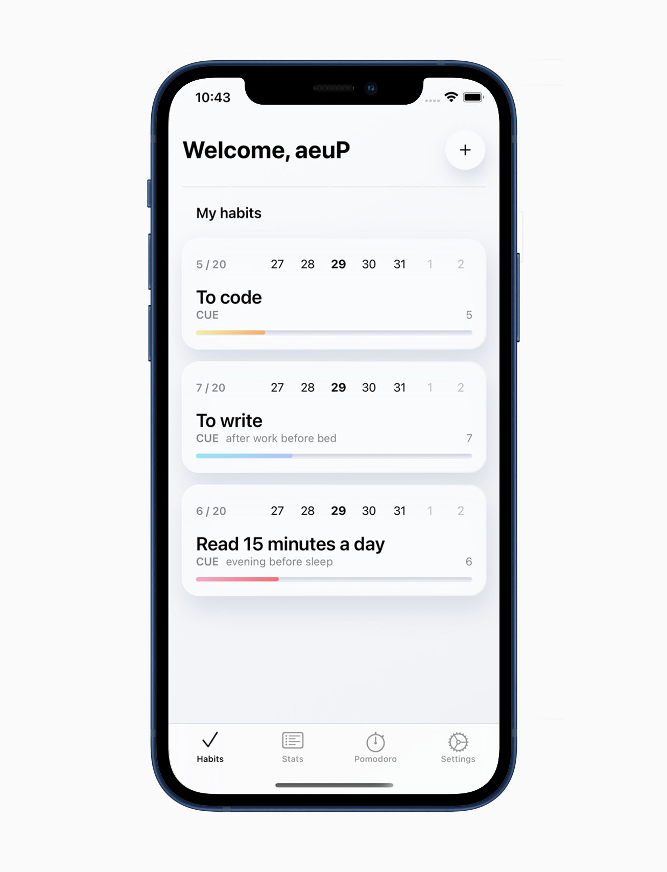 Habit tracking app main screen