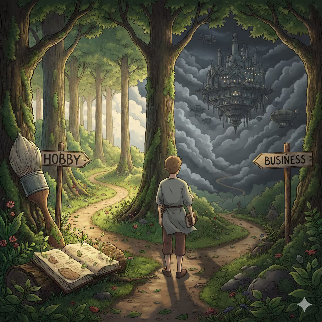 An image showing a fork on the road: a path for a builder to continue as a hobby, or as a path to build a business.