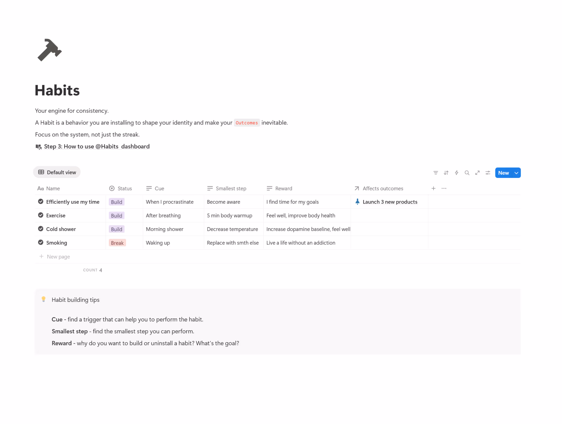 A simple and effective habit tracker dashboard in the Life OS Notion template for building and monitoring consistent daily routines.