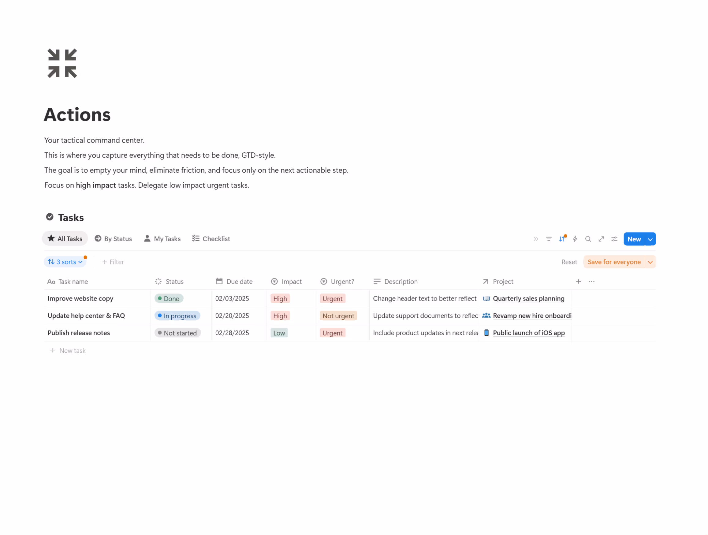 A GTD-style task management system in Notion for organizing daily actions, showing an inbox and prioritized to-do list.