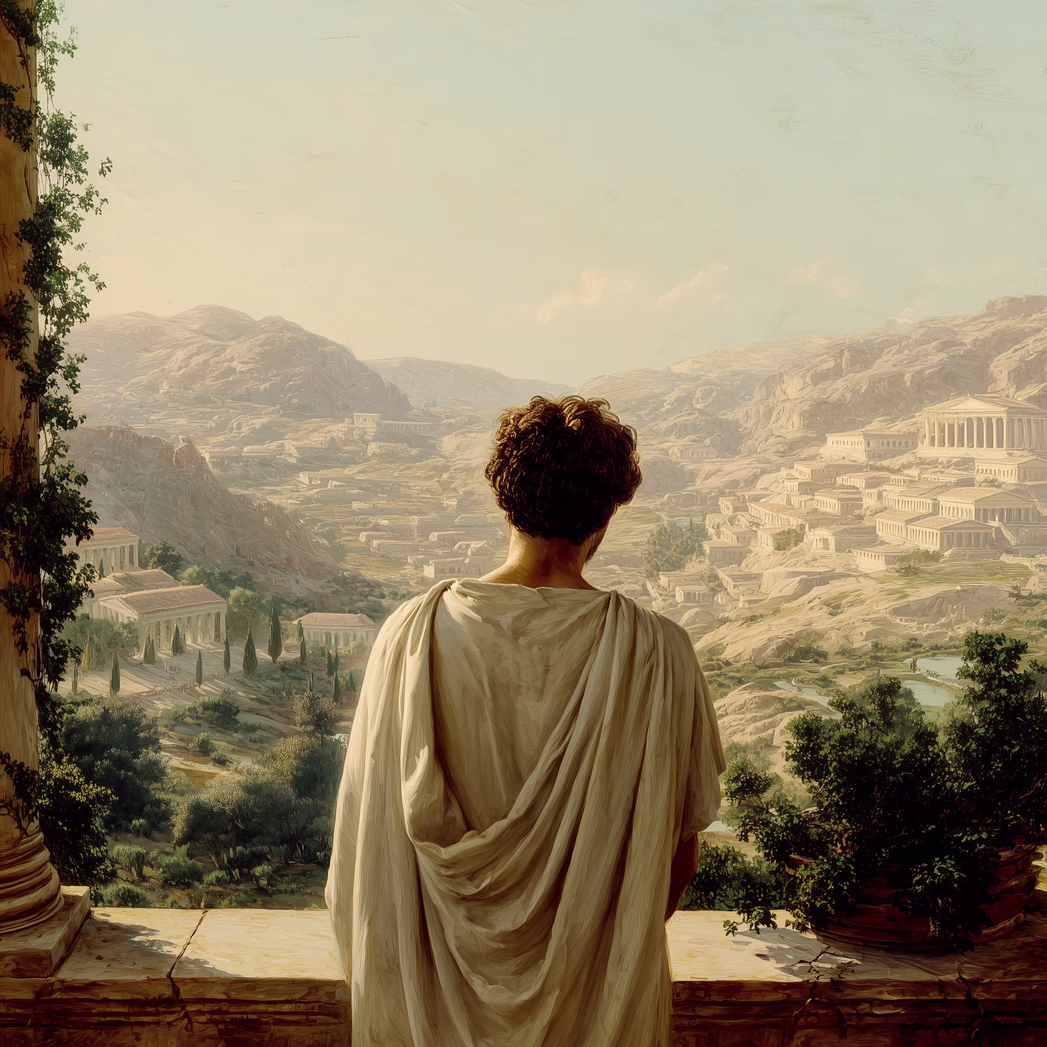 A Greek philosopher standing on a balcony and look at a city from a distance. A metaphor for modern solopreneurs who leverage AI to build businesses.