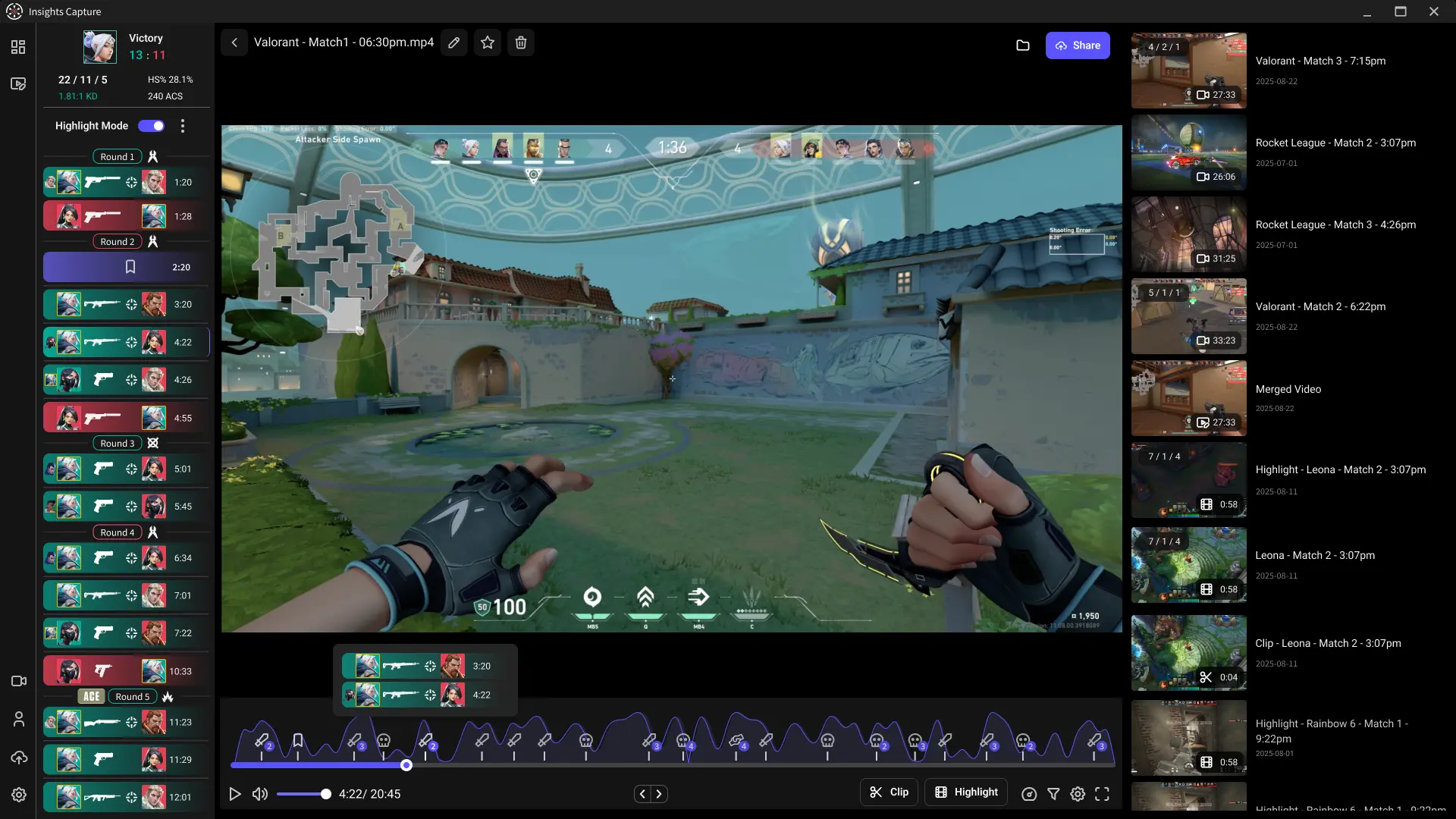 Insights Capture recording a Valorant match in the background with automatic kill markers on the timeline