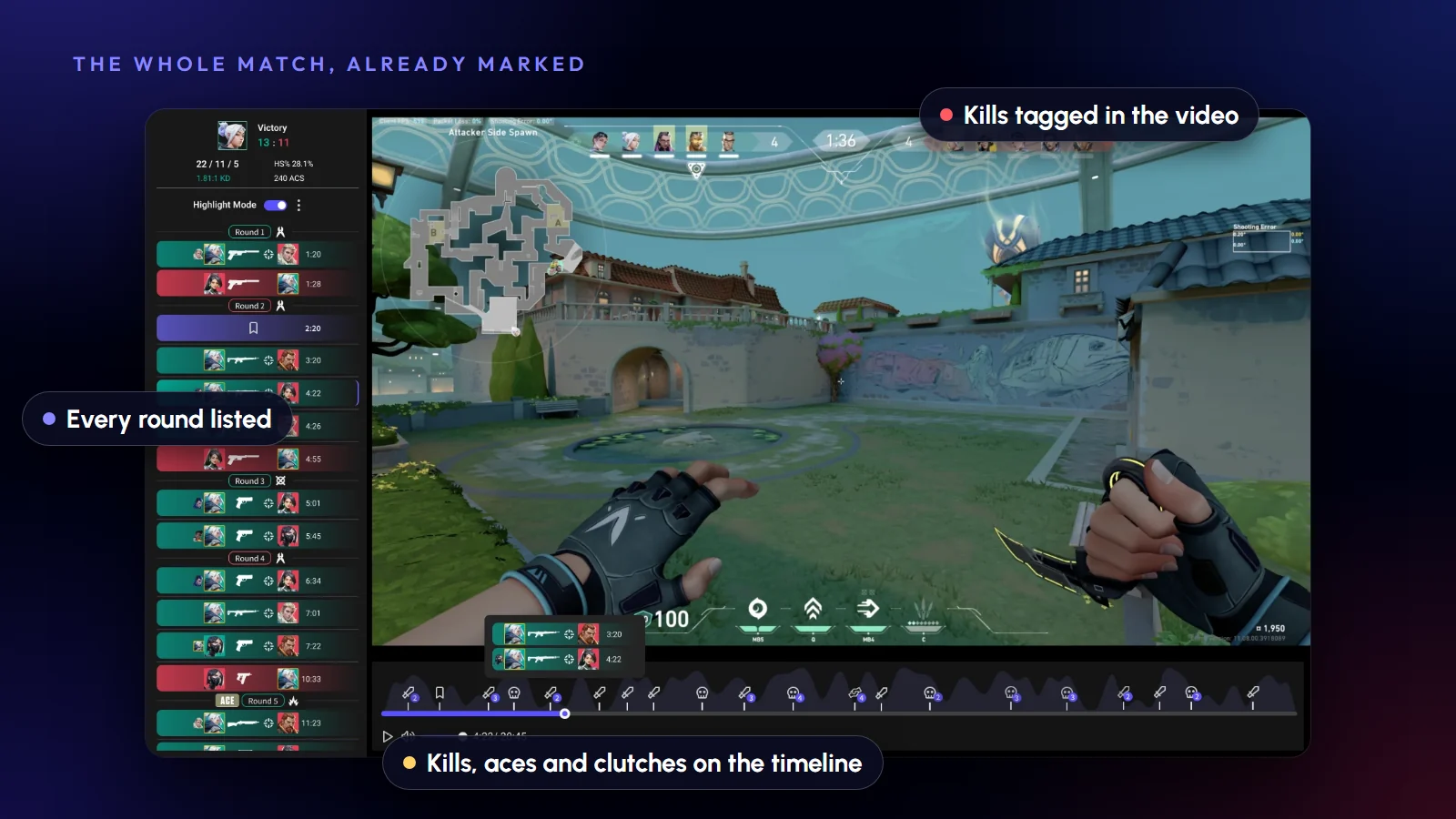 Insights Capture recording a Valorant match with automatic kill markers on the timeline