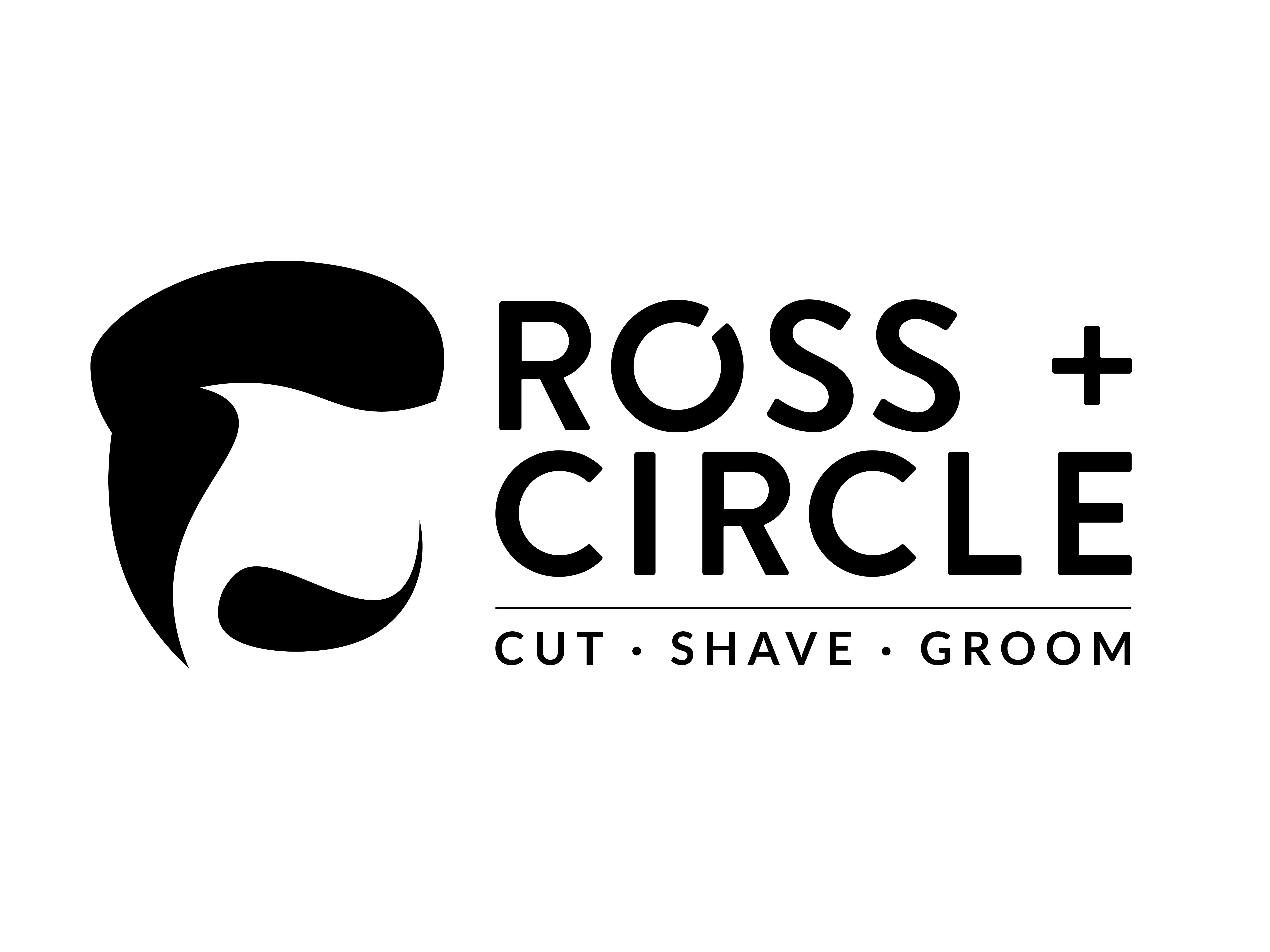 A logo for a barbershop called Ross and Circle, which is an illustration of a man's hair and beard.