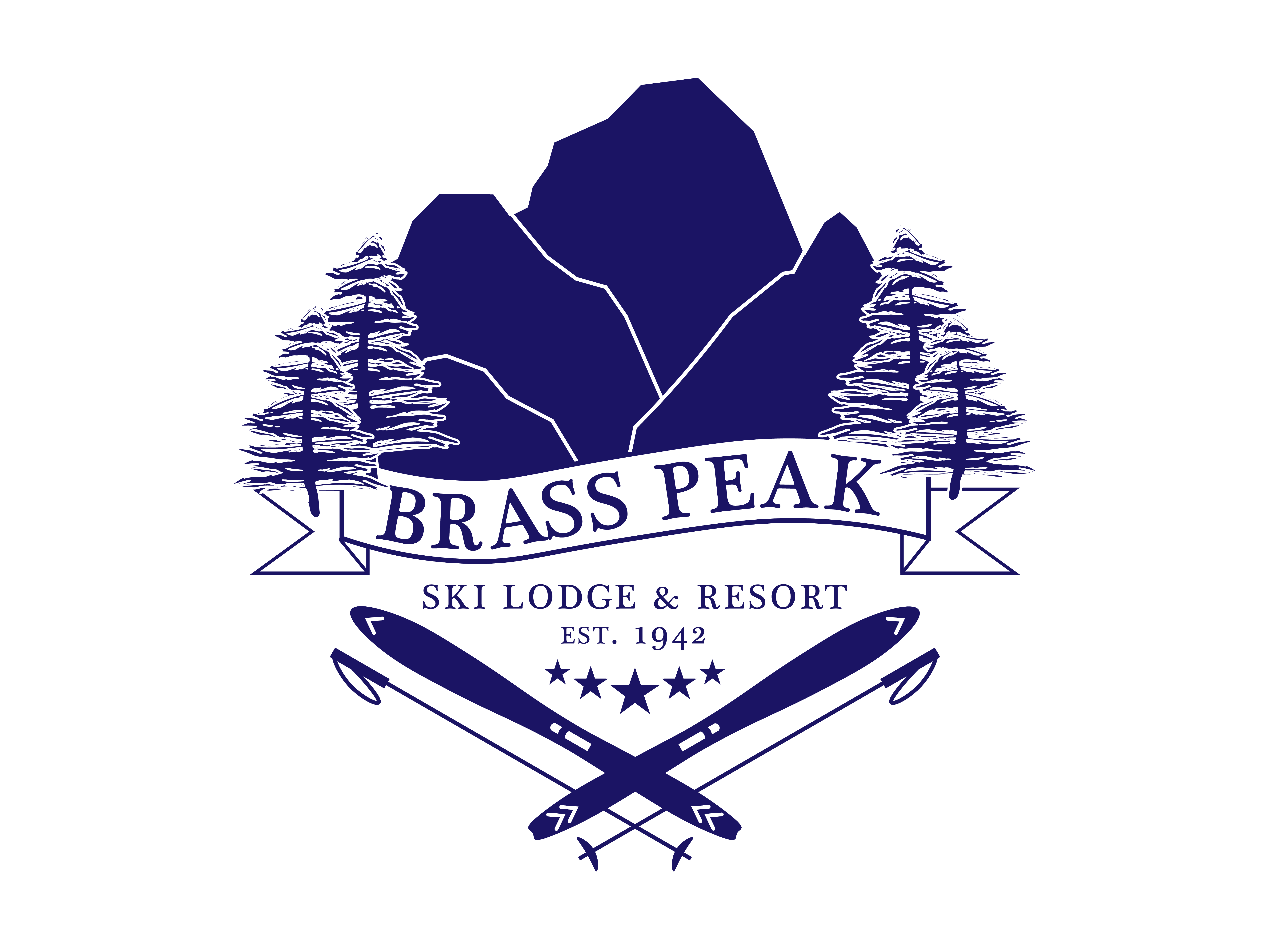 A logo for Brass Peak Ski Lodge. At the top, there is an illustration of mountains surrounded by trees, and at the bottom are a crossed pair of skis and ski poles, creating a crest around the ski lodge name.