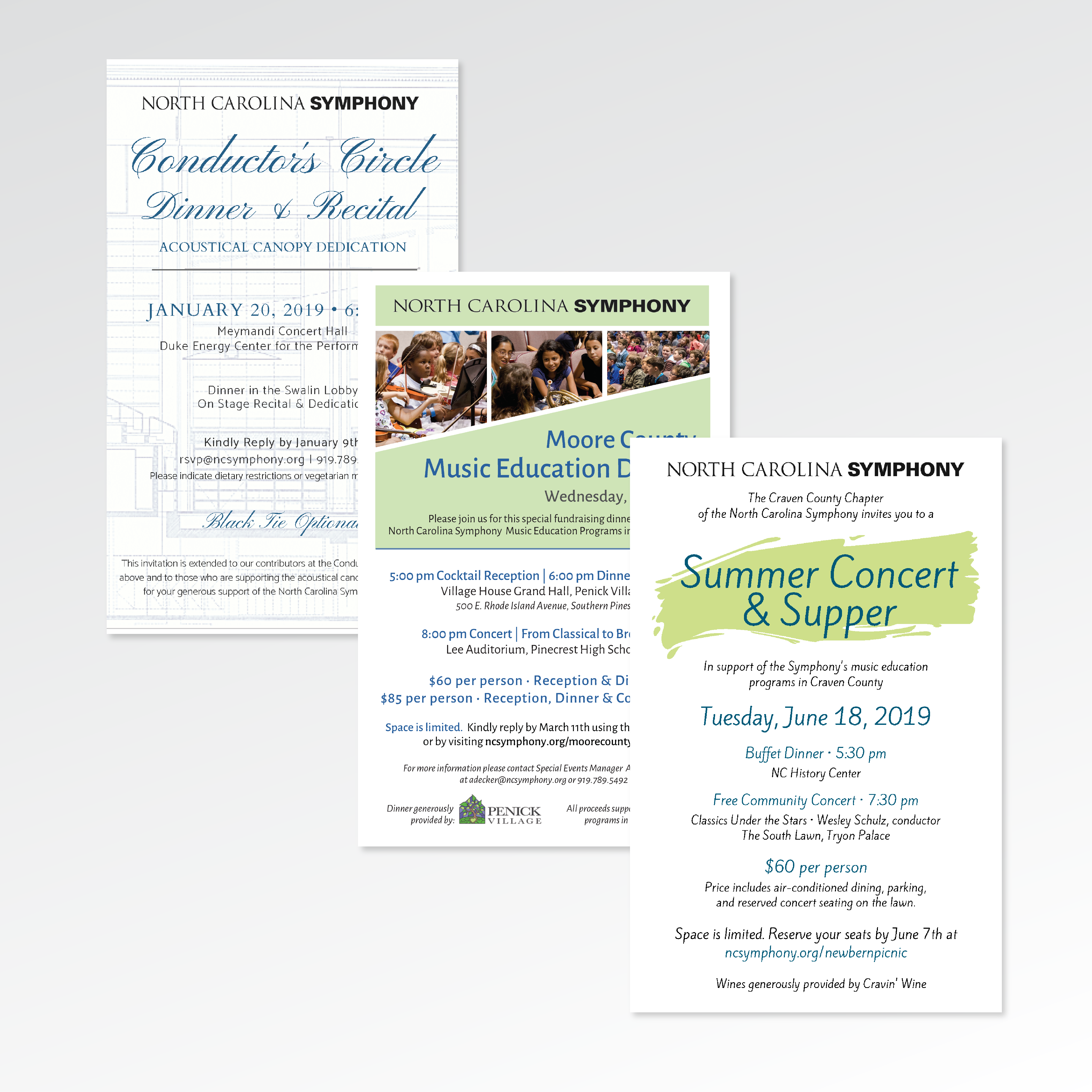 Three invitations for North Carolina Symphony events designed with blue and green.