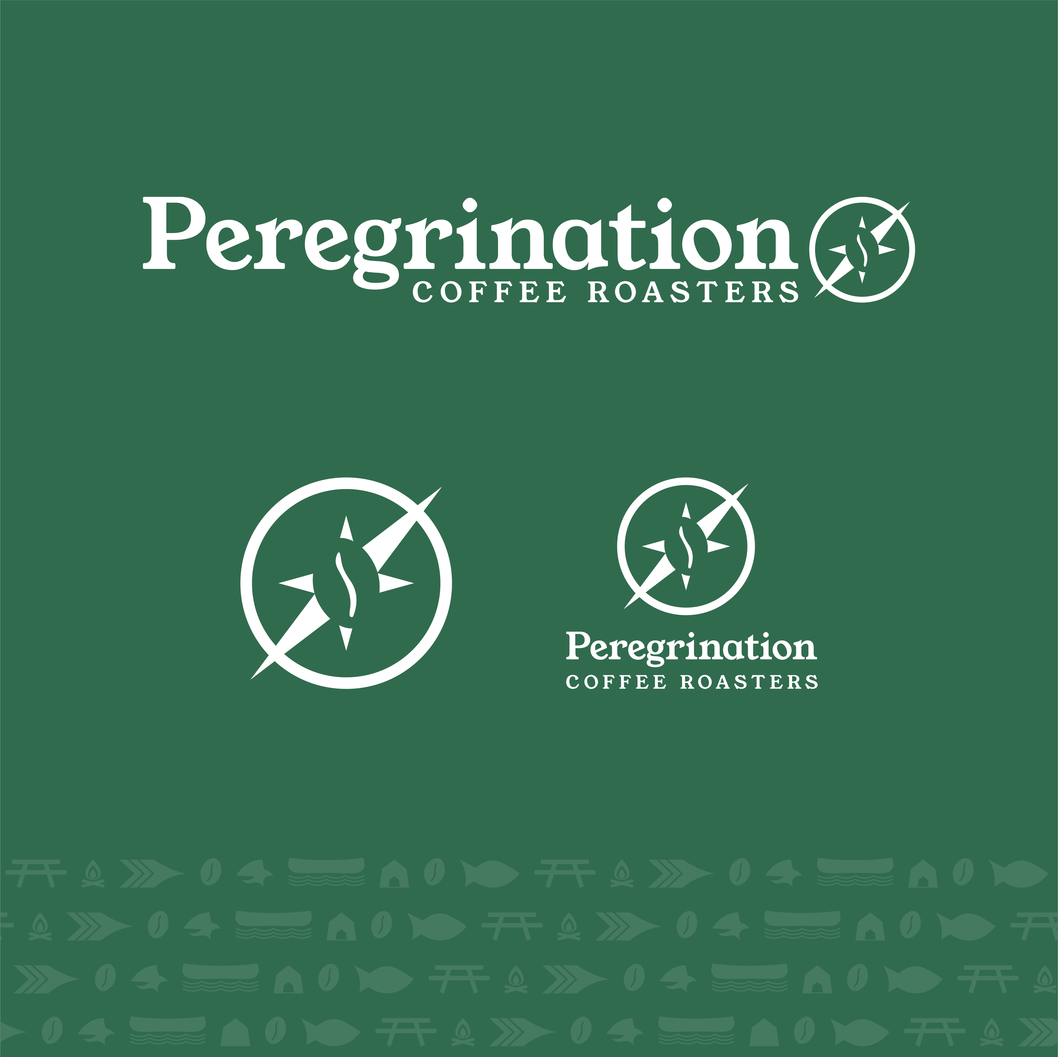 The Peregrination Coffee Co. logos which are compasses pointing North East with a coffee bean in the middle.