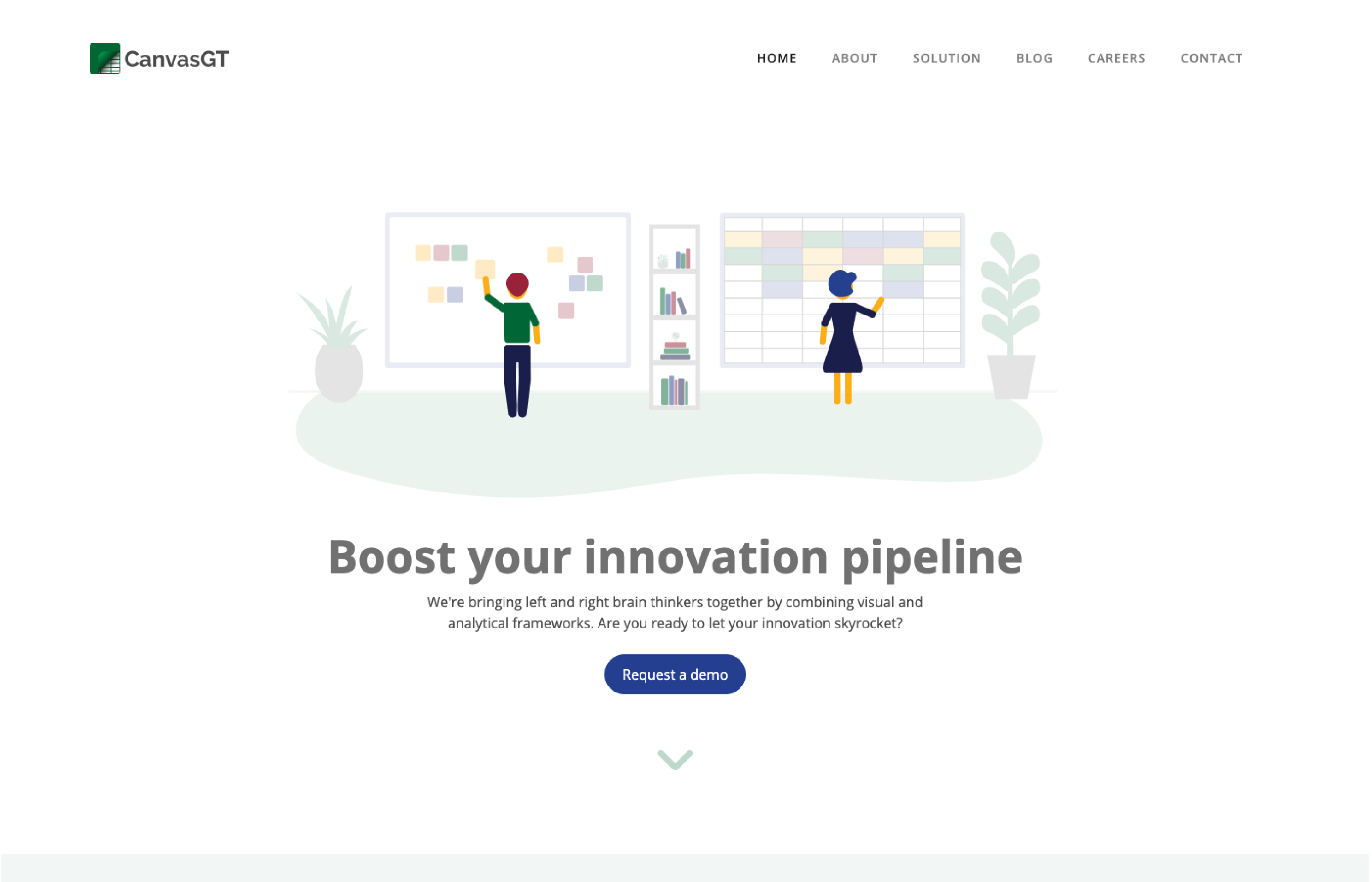 A website home page with an illustration of two people working simultaneously. A man with brown hair and a green shirt works on a whiteboard with sticky notes, and a woman with blue hair and a blue dress works on a larger-than-life spreadsheet. They are in a room with a bookshelf and two plants.