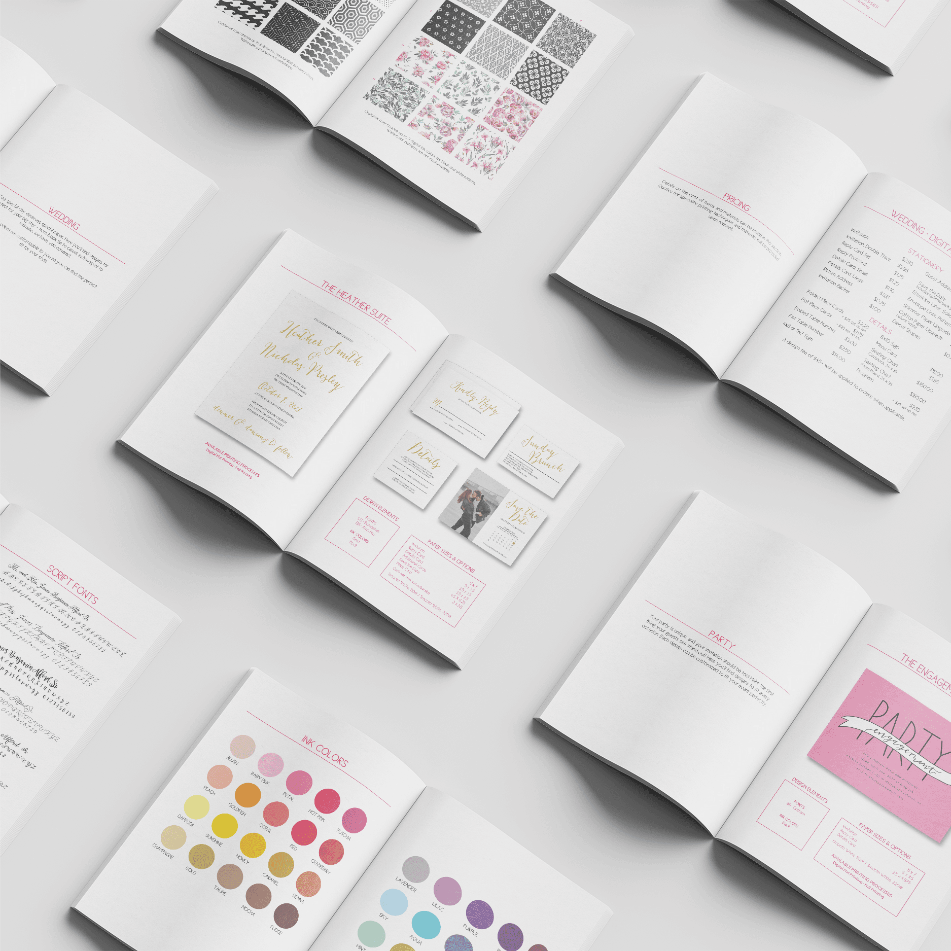 A photo of several magazines lying open to different pages.