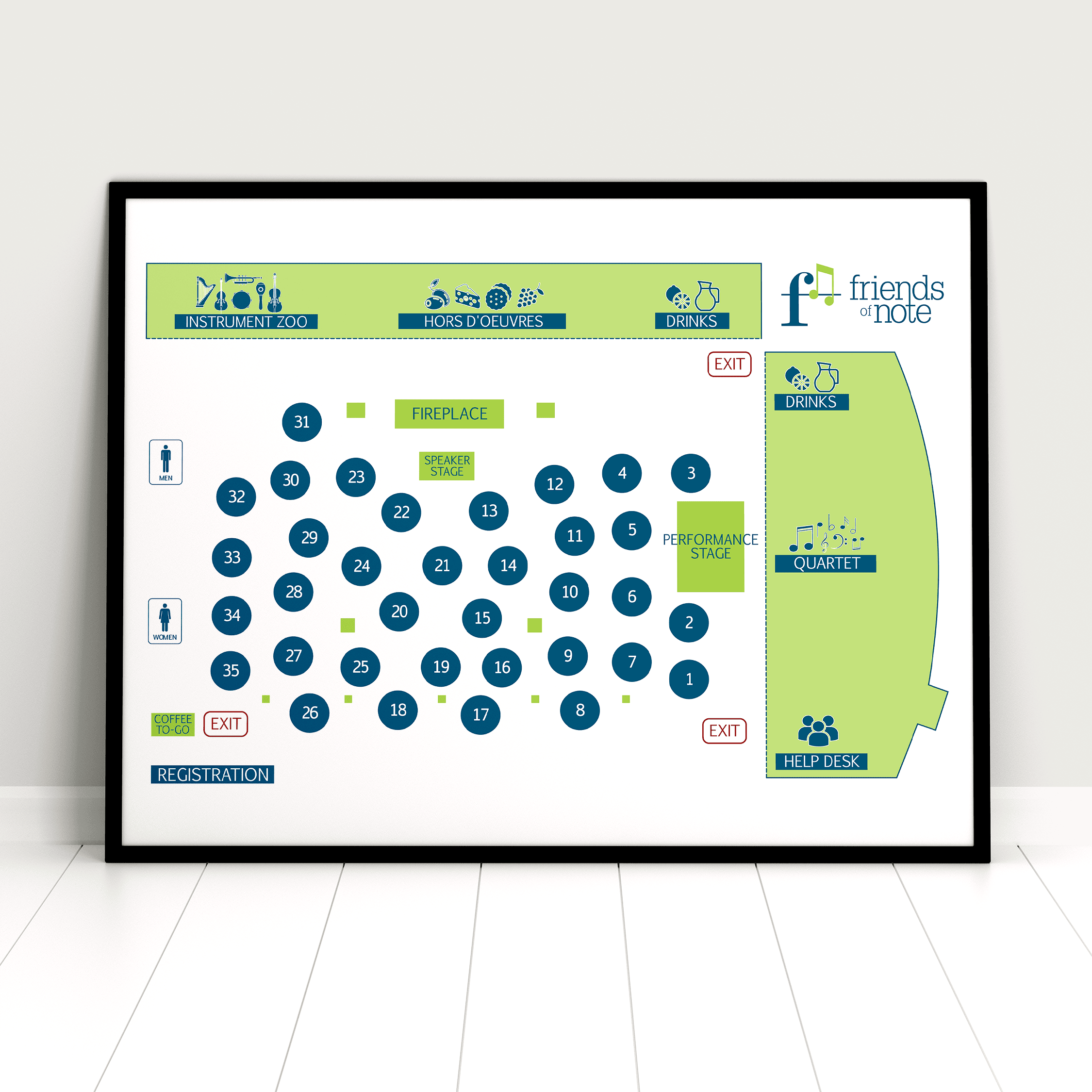 A map for a fundraising event, showing where the tables, stage, and activities are located.
