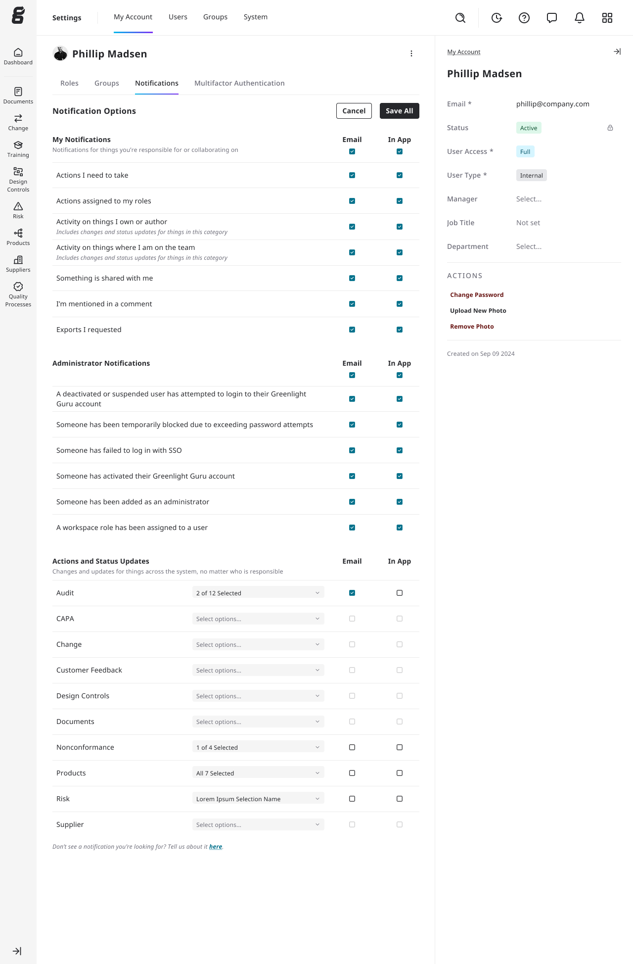 User settings page for Phillip Madsen showing notification options with email and in-app toggles for different categories like My Notifications, Administrator Notifications, and Actions and Status Updates, alongside user account details on the right.