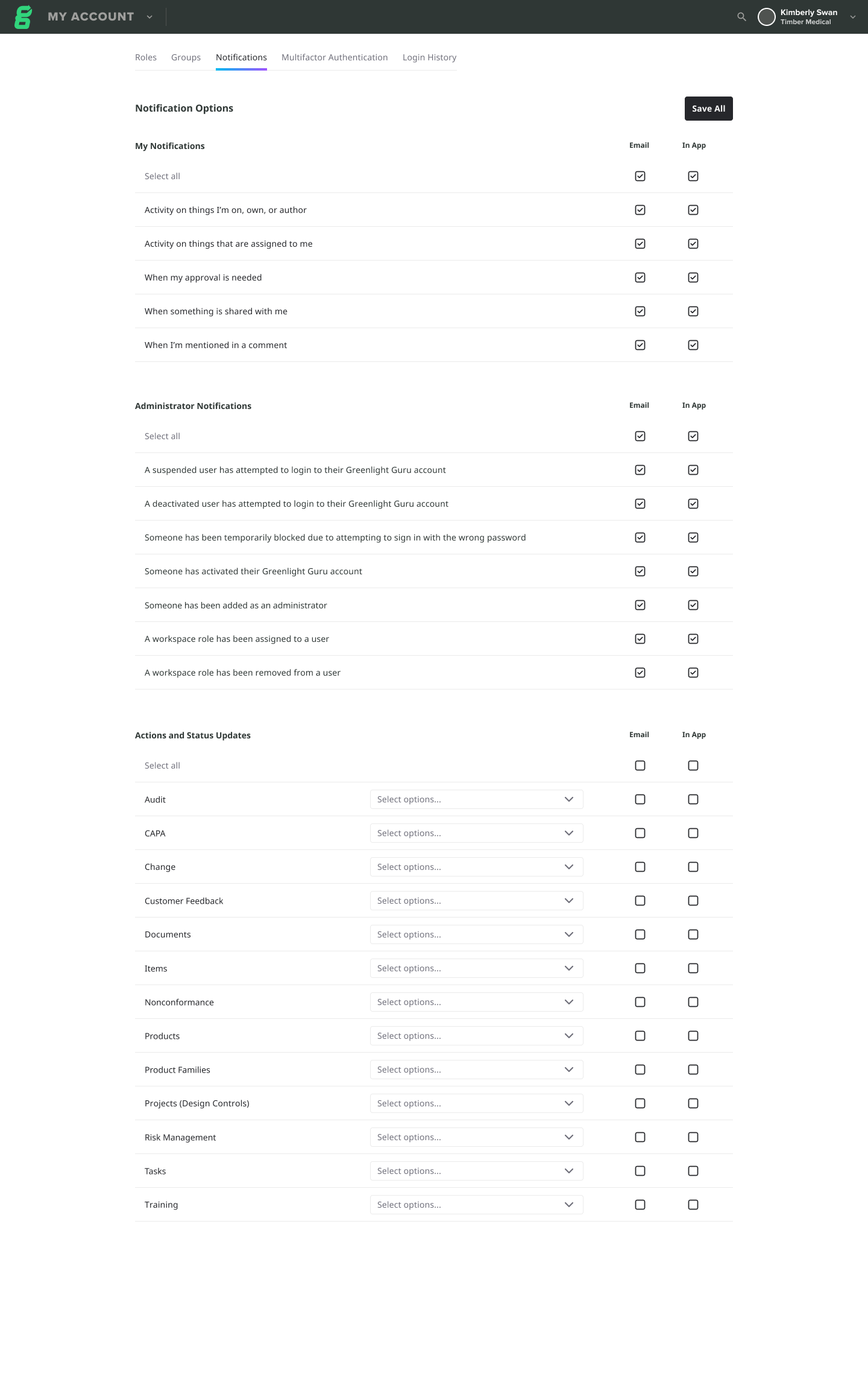 User account notification settings page showing options for My Notifications, Administrator Notifications, and Actions and Status Updates with checkboxes for Email and In App notifications.