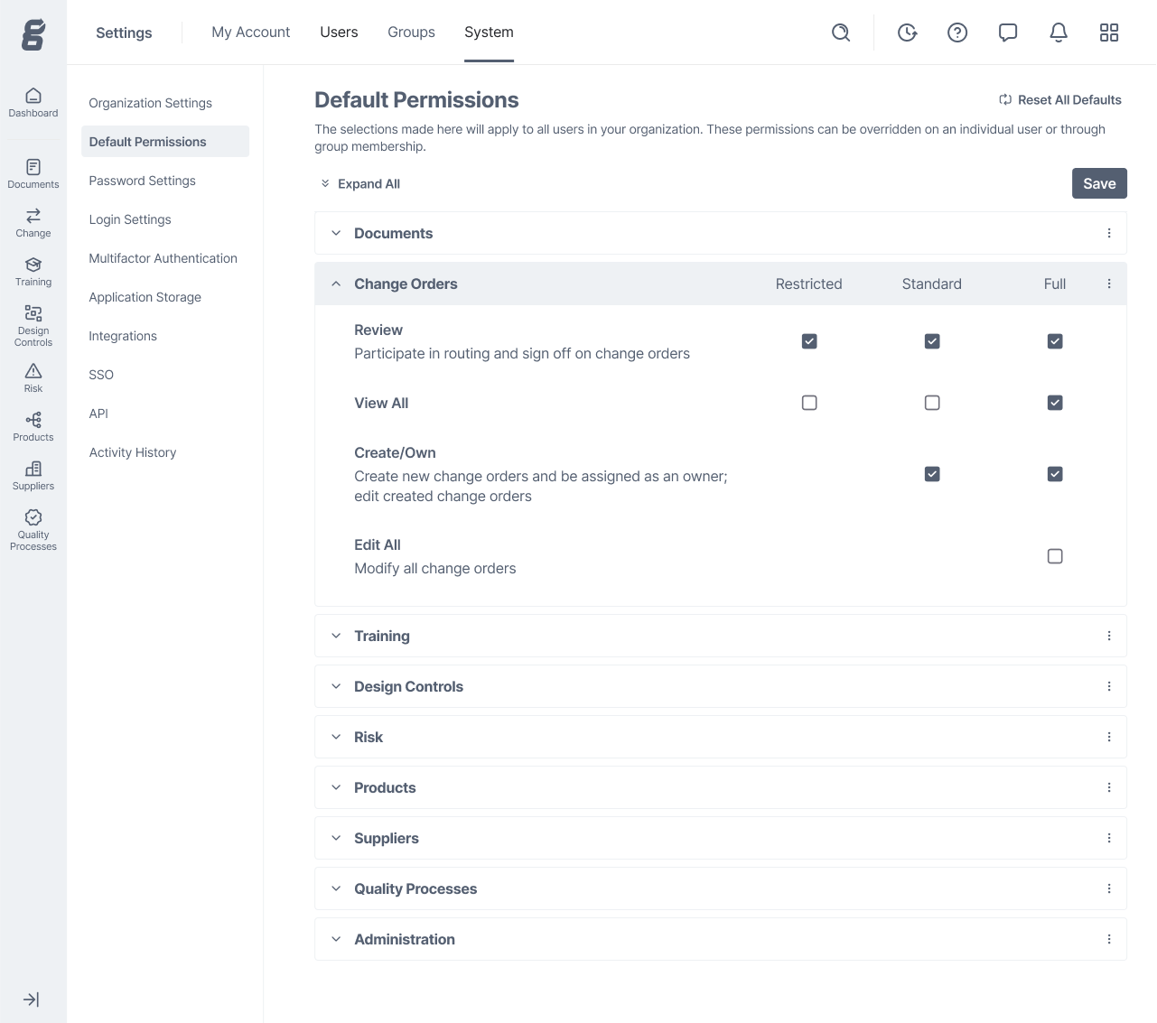 Screenshot of Default Permissions settings for Change Orders with checkboxes for Review, View All, Create/Own, and Edit All across Restricted, Standard, and Full permission levels.