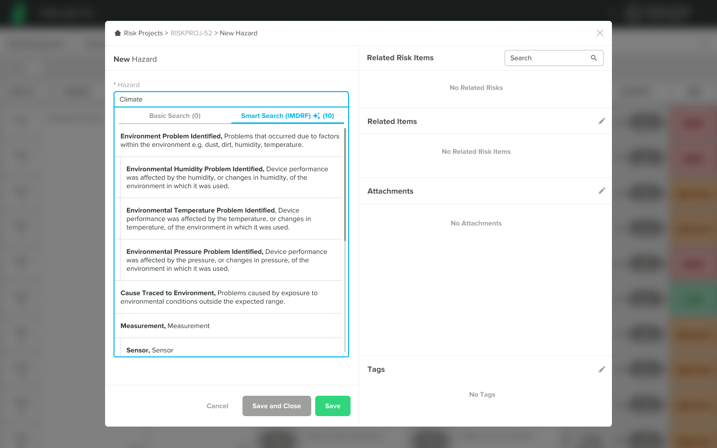 Interface for adding a new hazard in a risk project, showing a dropdown with environmental problem options like humidity, temperature, and pressure, plus buttons for Cancel, Save and Close, and Save.