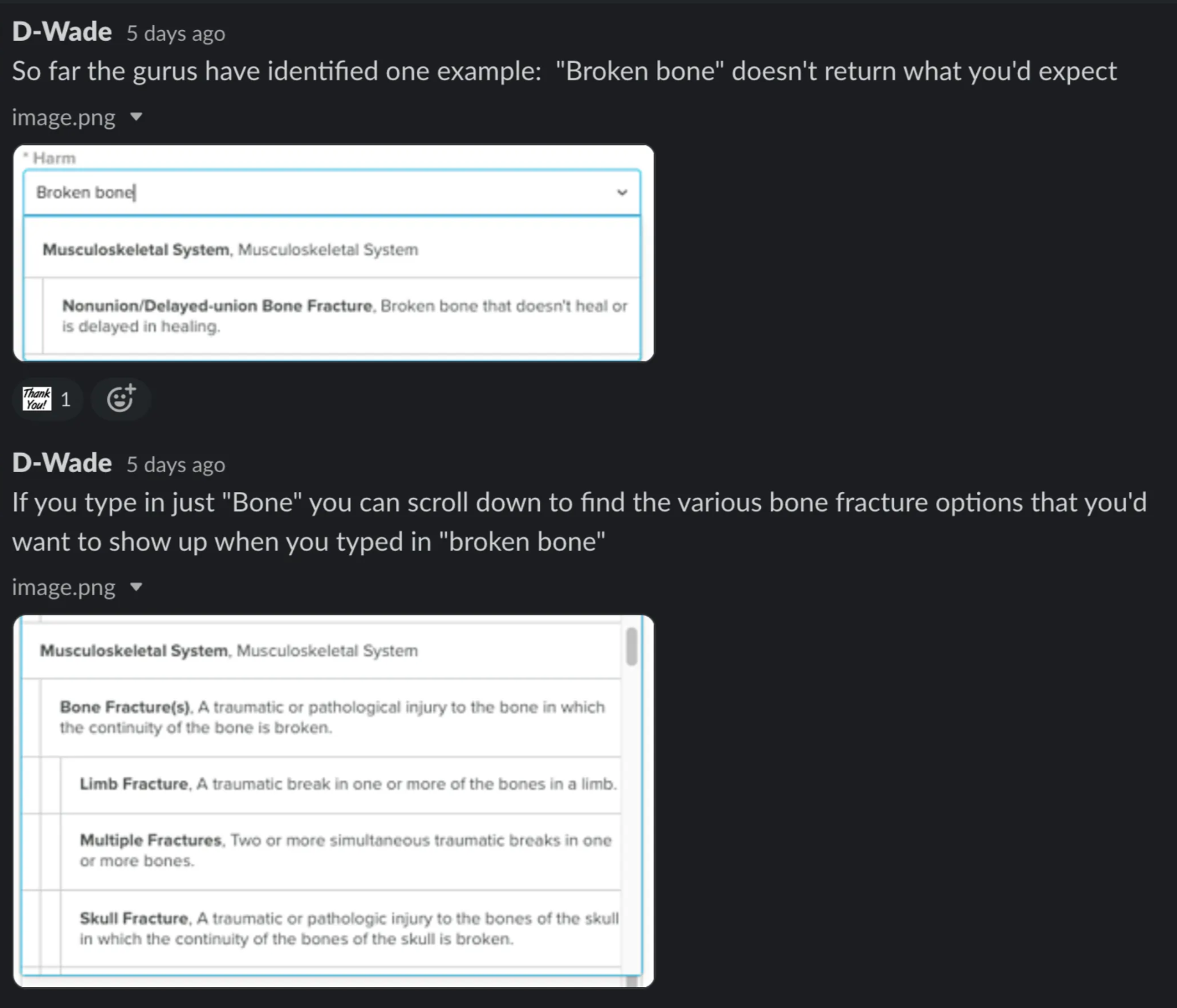 Slack conversation showing searches for 'Broken bone' listing Nonunion/Delayed-union Bone Fracture and 'Bone' listing various bone fracture types including Limb Fracture, Multiple Fractures, and Skull Fracture.