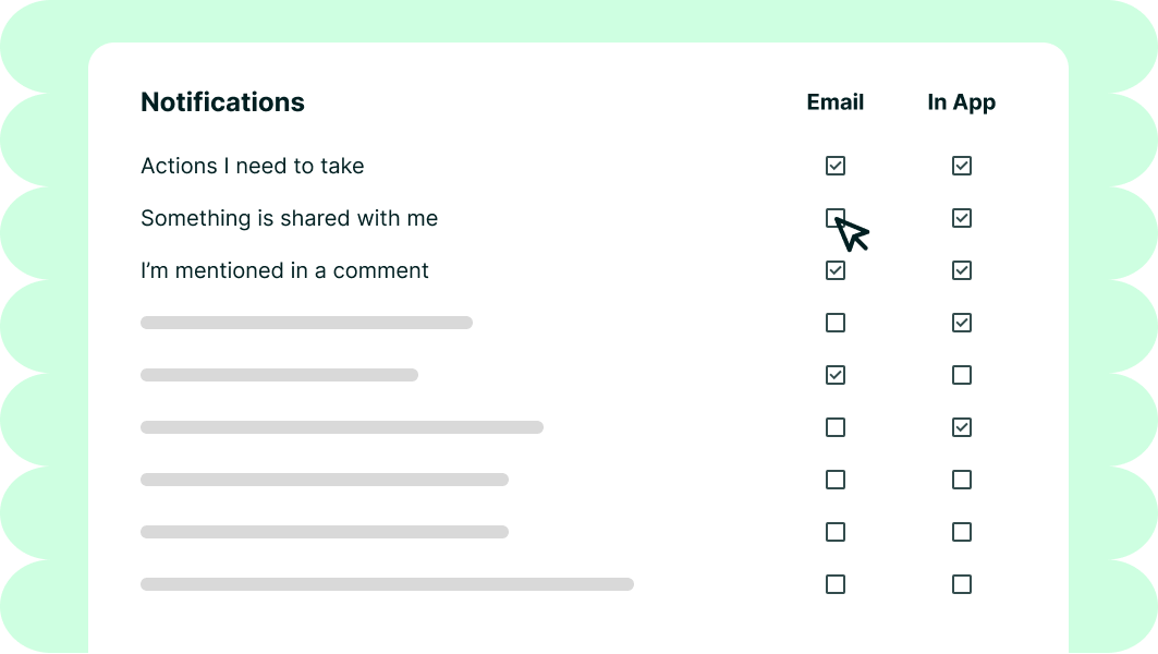 Notification settings panel showing options with checkboxes for Email and In App alerts, with a cursor clicking the unchecked Email box for 'Something is shared with me'.