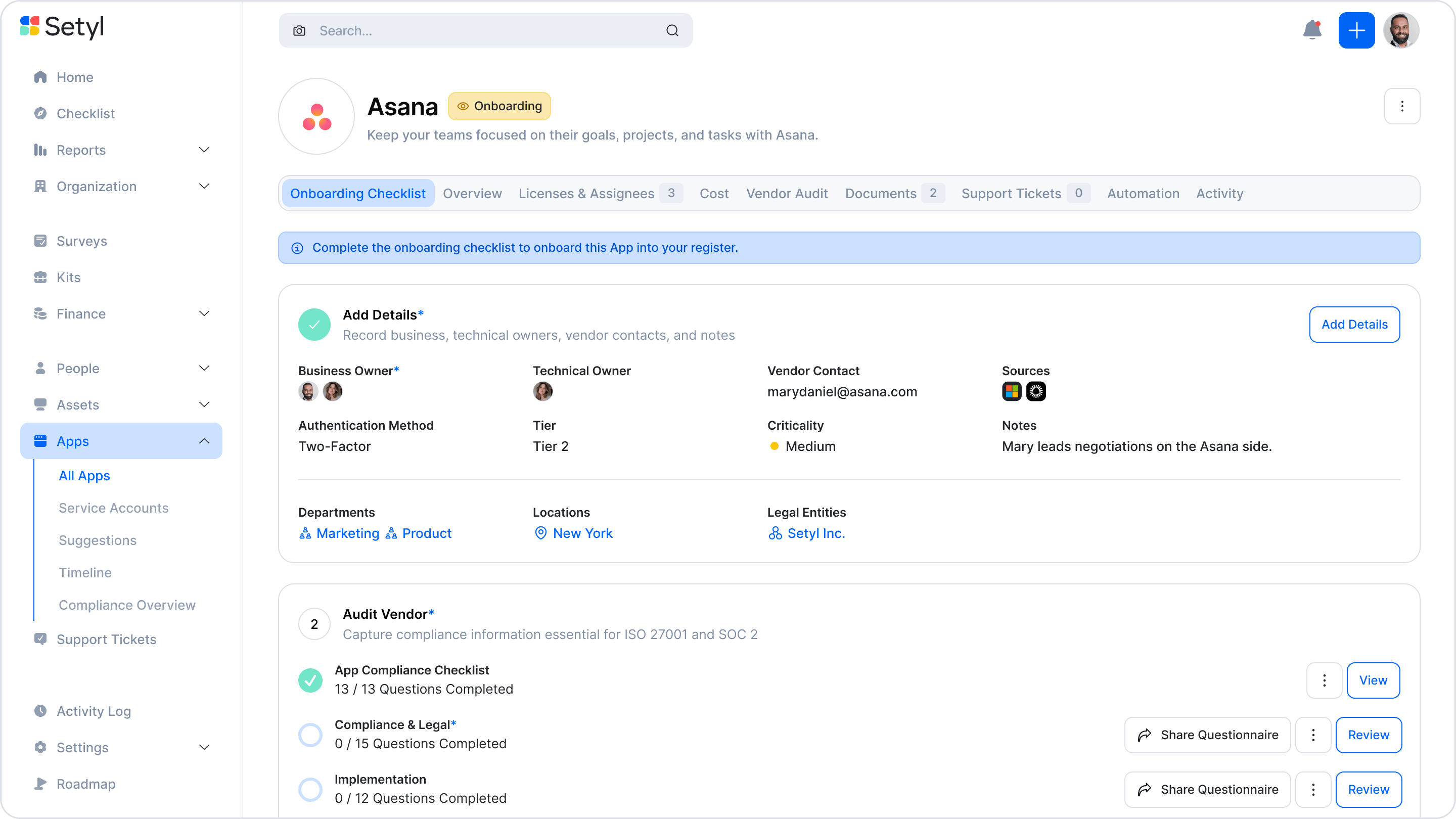 Vendor onboarding process in the Setyl IT asset management platform, showing a checklist of items to complete for an onboarding vendor, including account details and vendor audit questionnaires to be completed for compliance and security purposes.