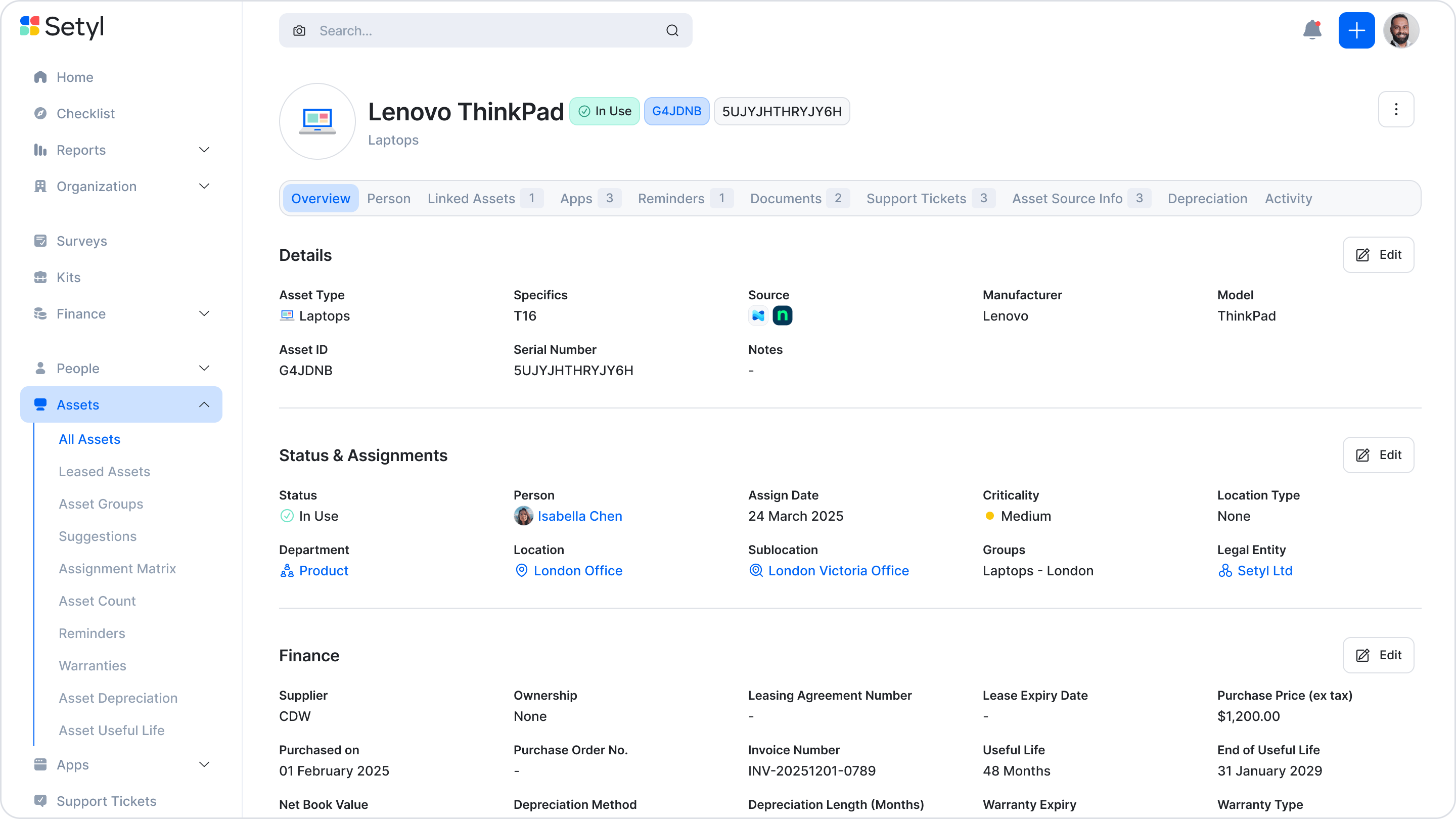 IT asset profile in the Setyl IT asset management software, showing one laptop asset with detailed lifecycle information including status, specifications, assignment, purchase, depreciation, activity logs, and more.