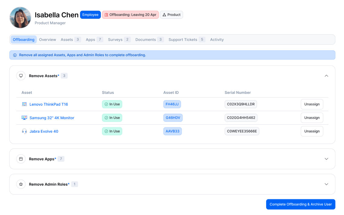 Employee offboarding page on the Setyl ITAM platform, showing a list of assets, licenses, and admin roles assigned to the employee that need to be retrieved and revoked during offboarding.