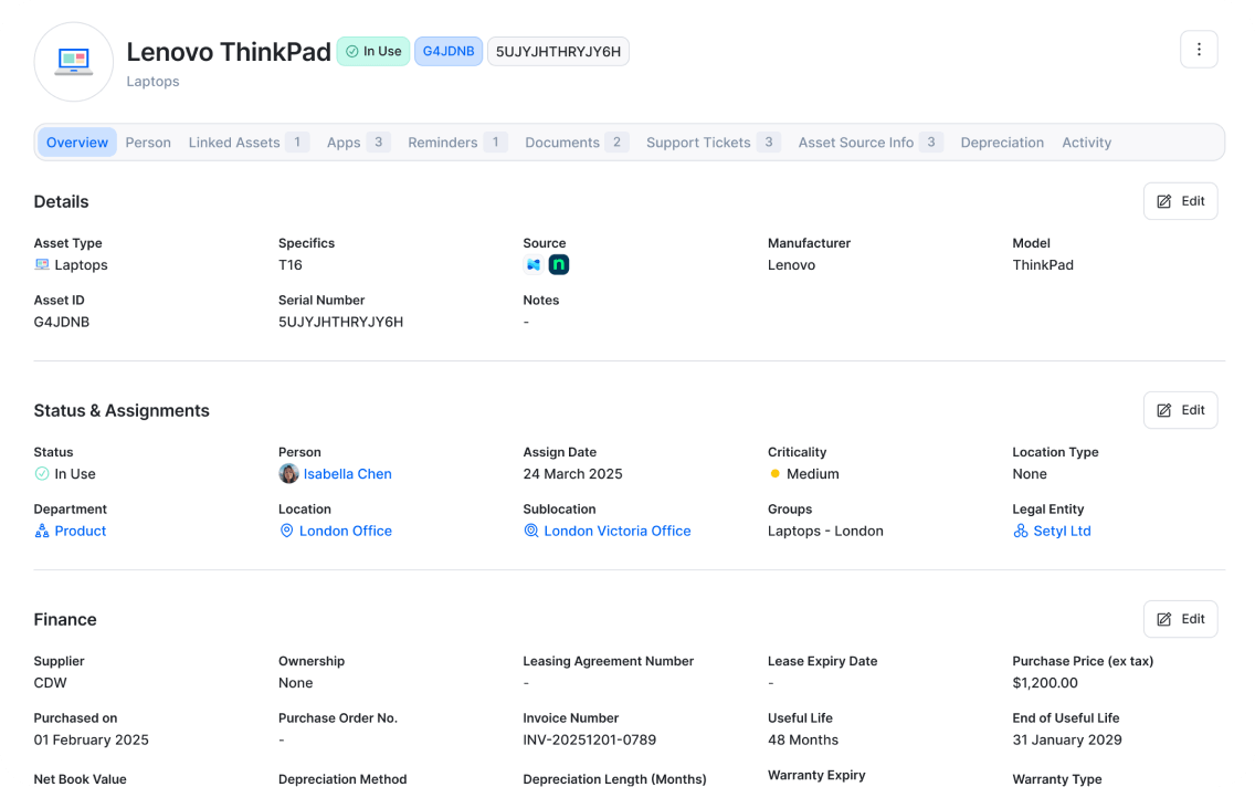 IT asset profile in the Setyl IT asset management software, showing one laptop asset with detailed lifecycle information including status, specifications, assignment, purchase, depreciation, activity logs, and more.