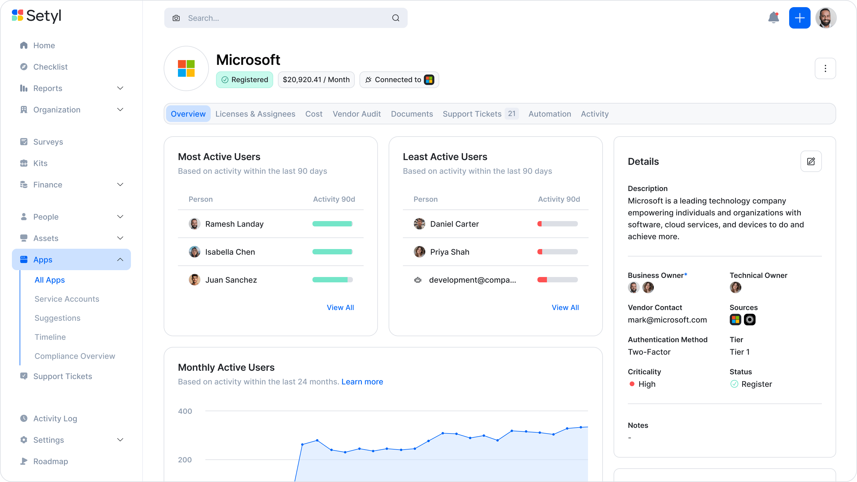 Dashboard for an individual software application, showing user activity trends, least and most active users, software renewal dates, and more data, in the Setyl Software Asset Management Solution.