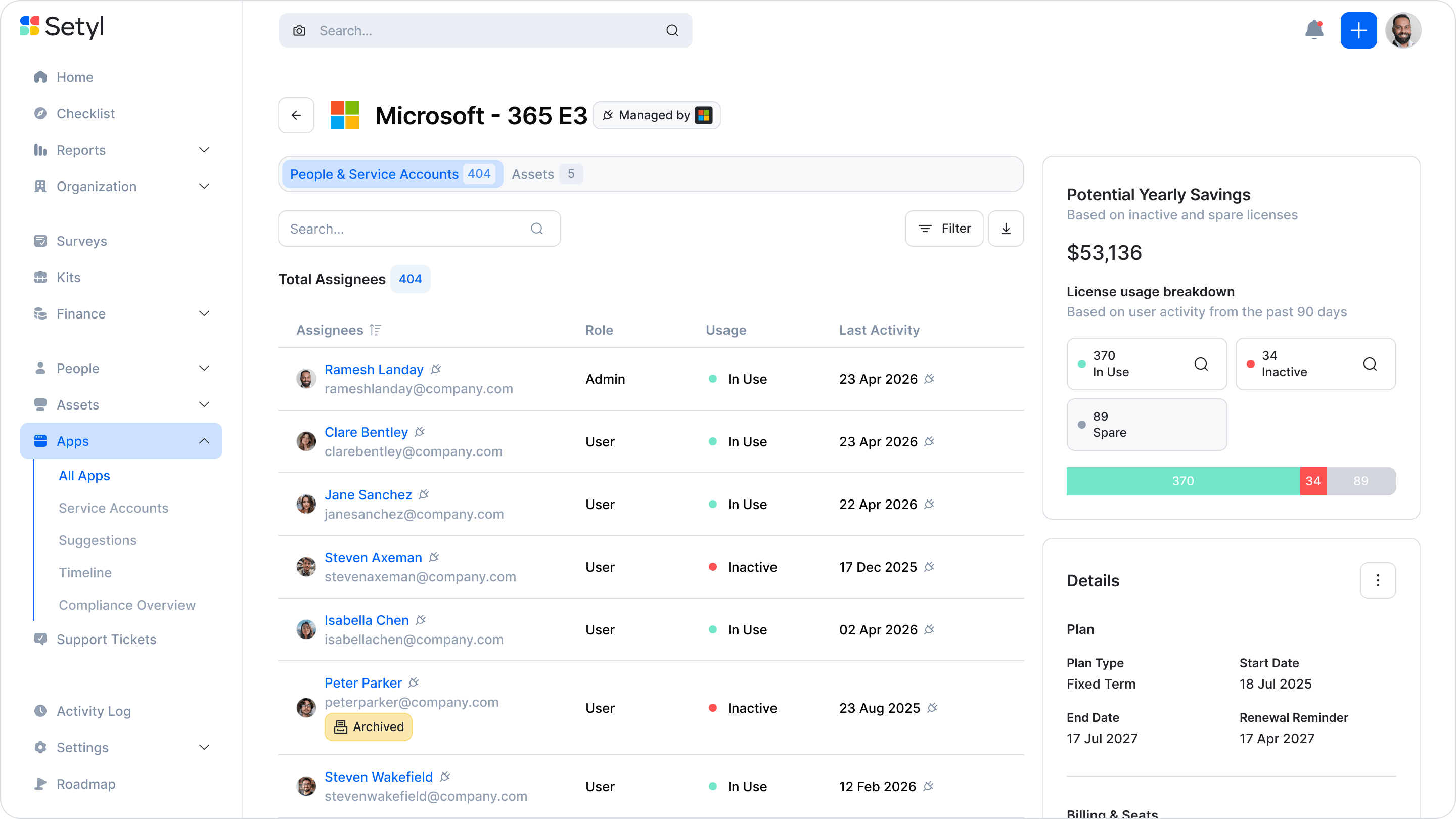 License rightsizing and software saving feature in the Setyl IT asset management software, showing a list of active, unused and inactive Microsoft licenses, alongside software cost savings estimation.