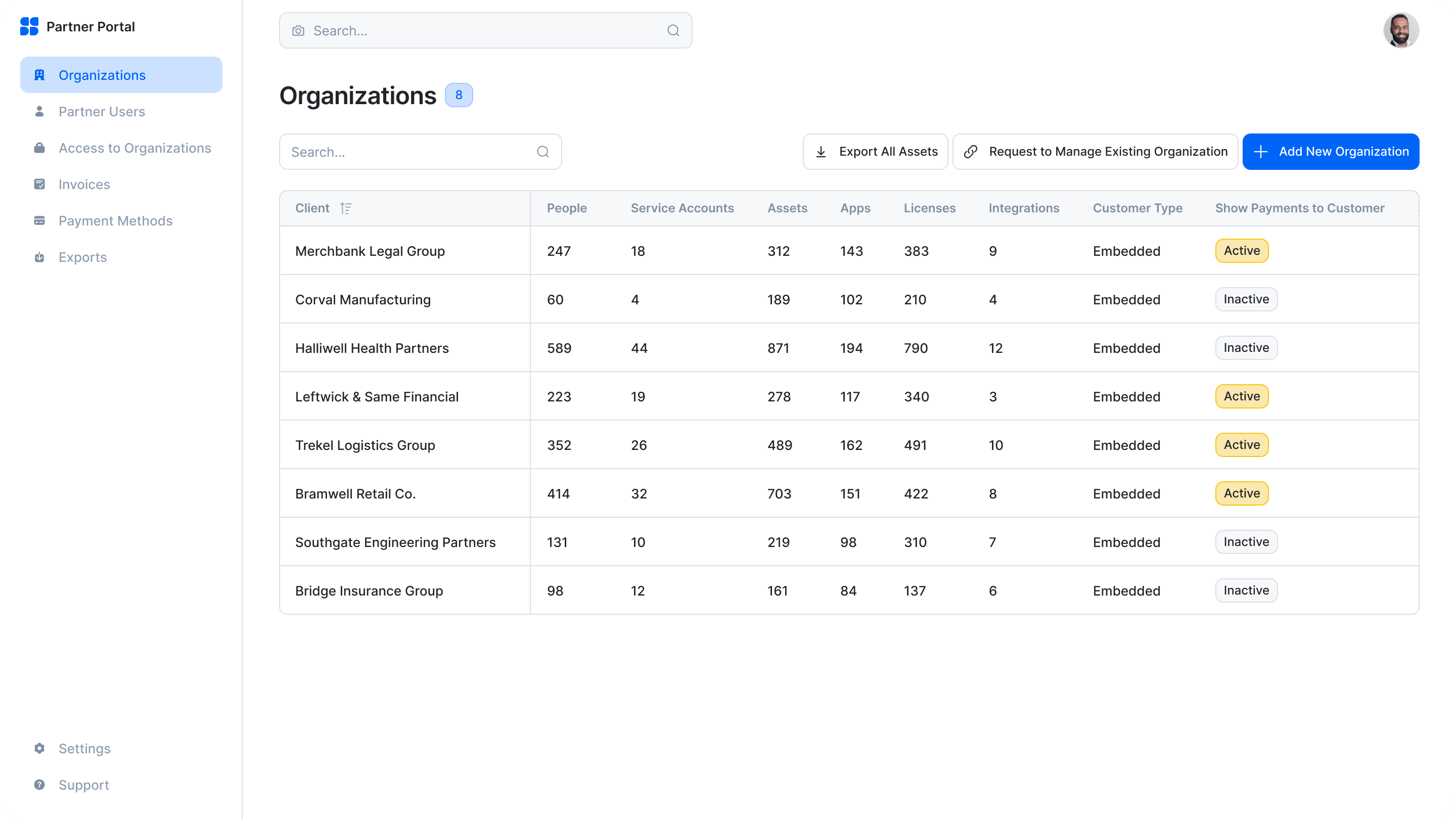 Setyl's Partner Portal, featuring a list of MSP client accounts alongside number of IT assets and software applications, designed for MSPs to manage their clients' IT assets and licenses.