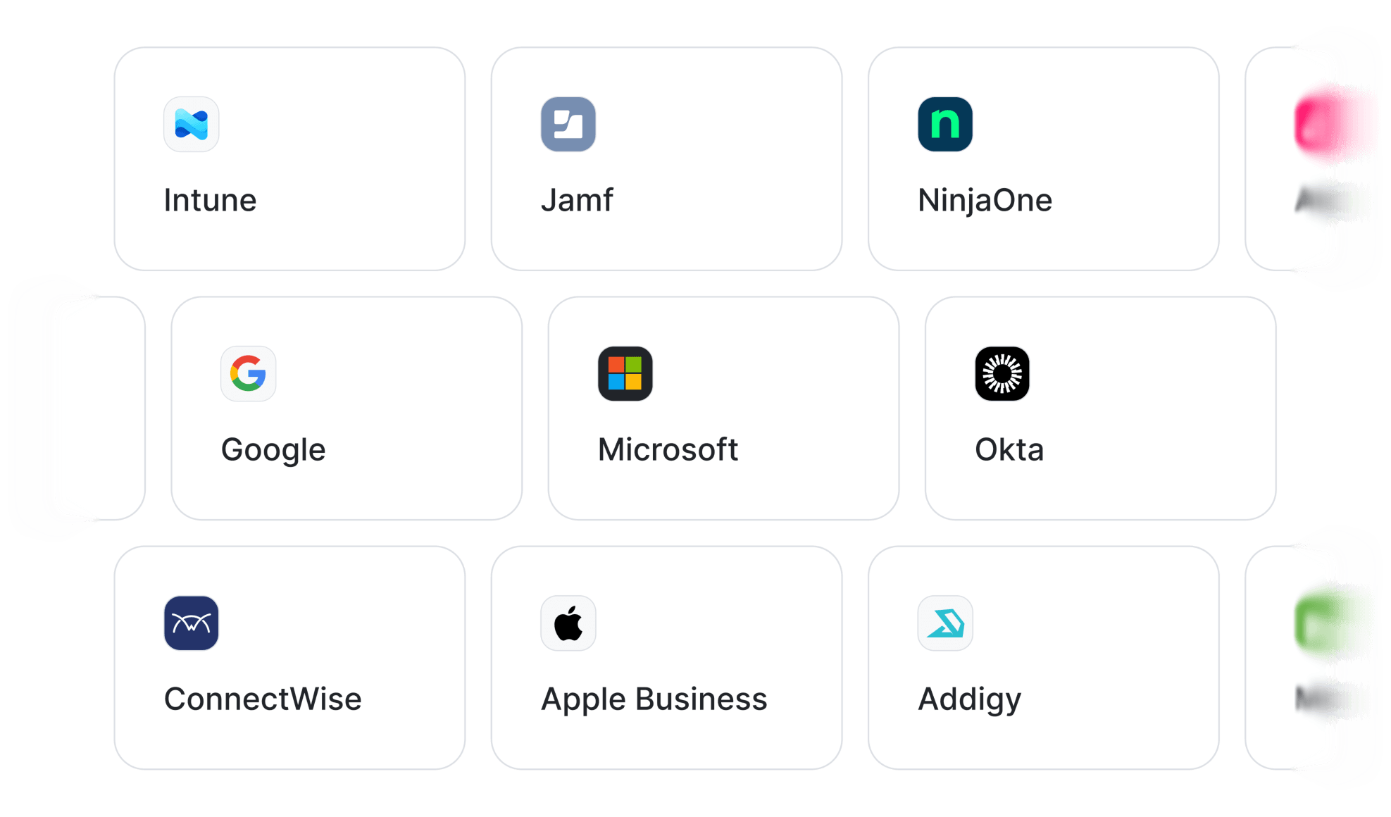 IT system logos, such as Intune, Jamf, NinjaOne, Atera, ConnectWise, Addigy, Apple Business, and more, showing typical MSP systems that the Setyl IT asset management platform integrates with out of the box.