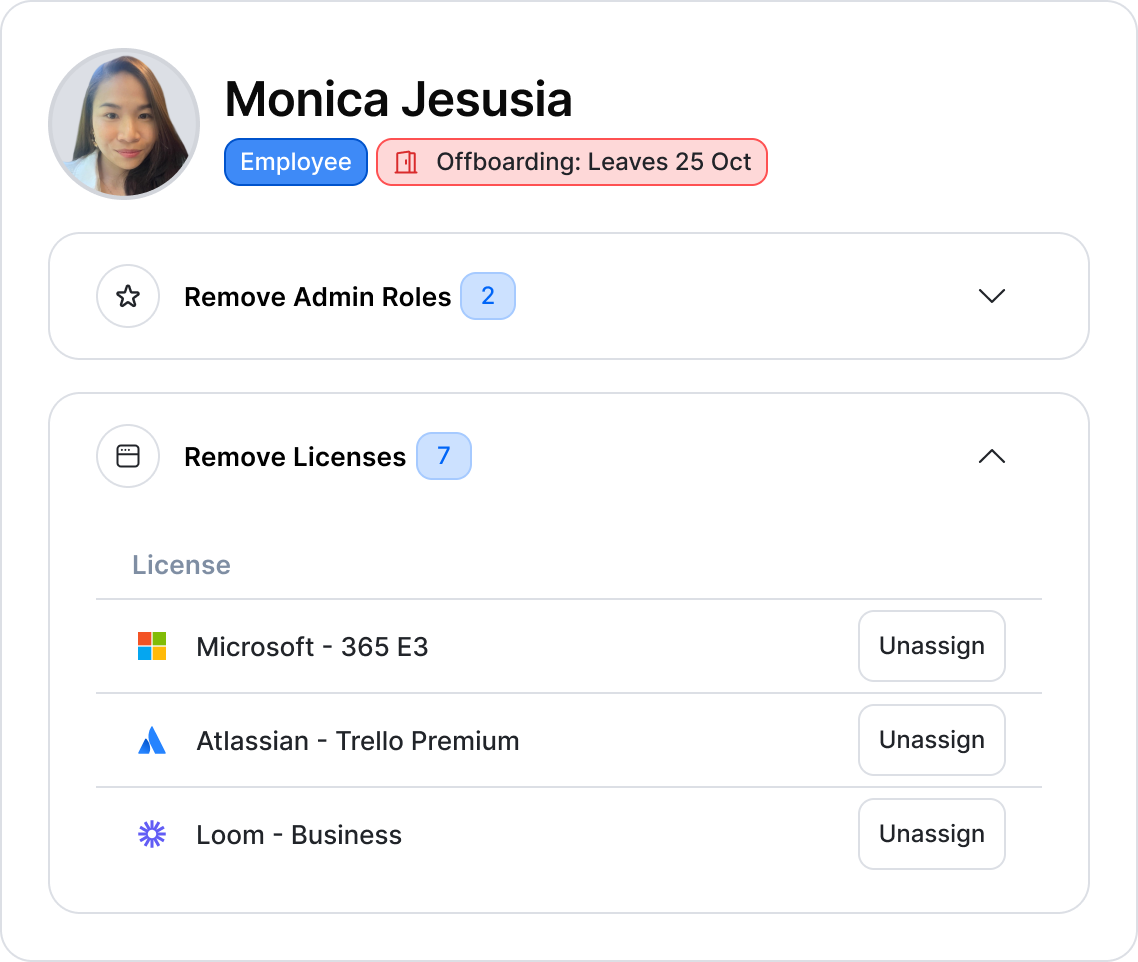 Profile of an offboarding user in the Setyl IT asset and license management software, showing a checklist of licenses and admin roles to remove before they leave.