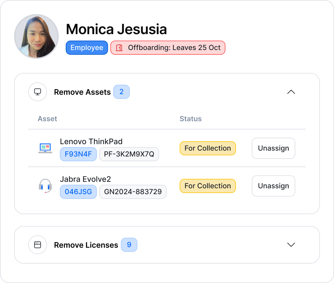 Offboarding employee in the Setyl IT Asset Management platform, showing a checklist of hardware assets and software licenses to be recovered from the user on departure.