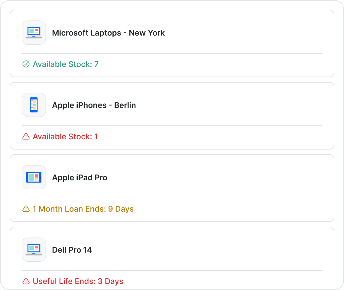 Hardware asset inventory management in the Setyl ITAM software, including stock management alerts, end-of-life notifications, and more.