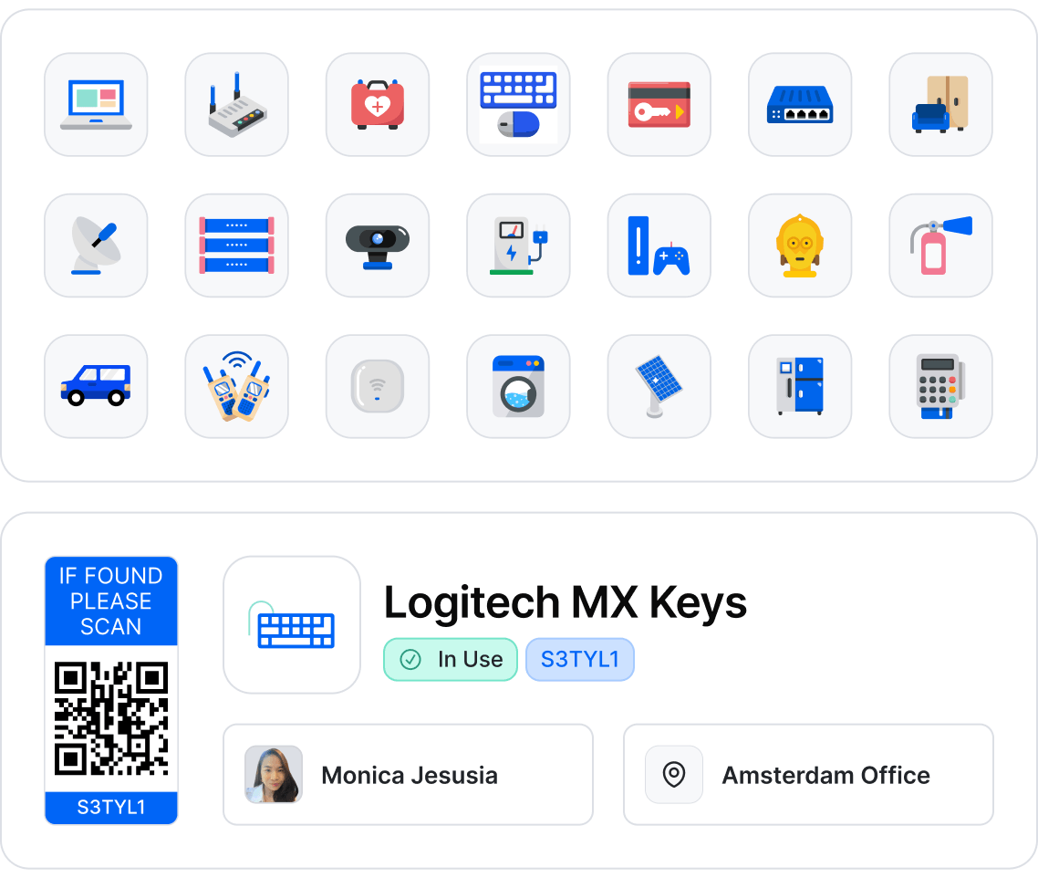 Examples of assets that can be managed in Setyl, including standard IT hardware such as laptops, keyboards and webcams, plus other non-IT assets such as employee access keys, furniture, fire extinguishers, medical devices, and machinery.