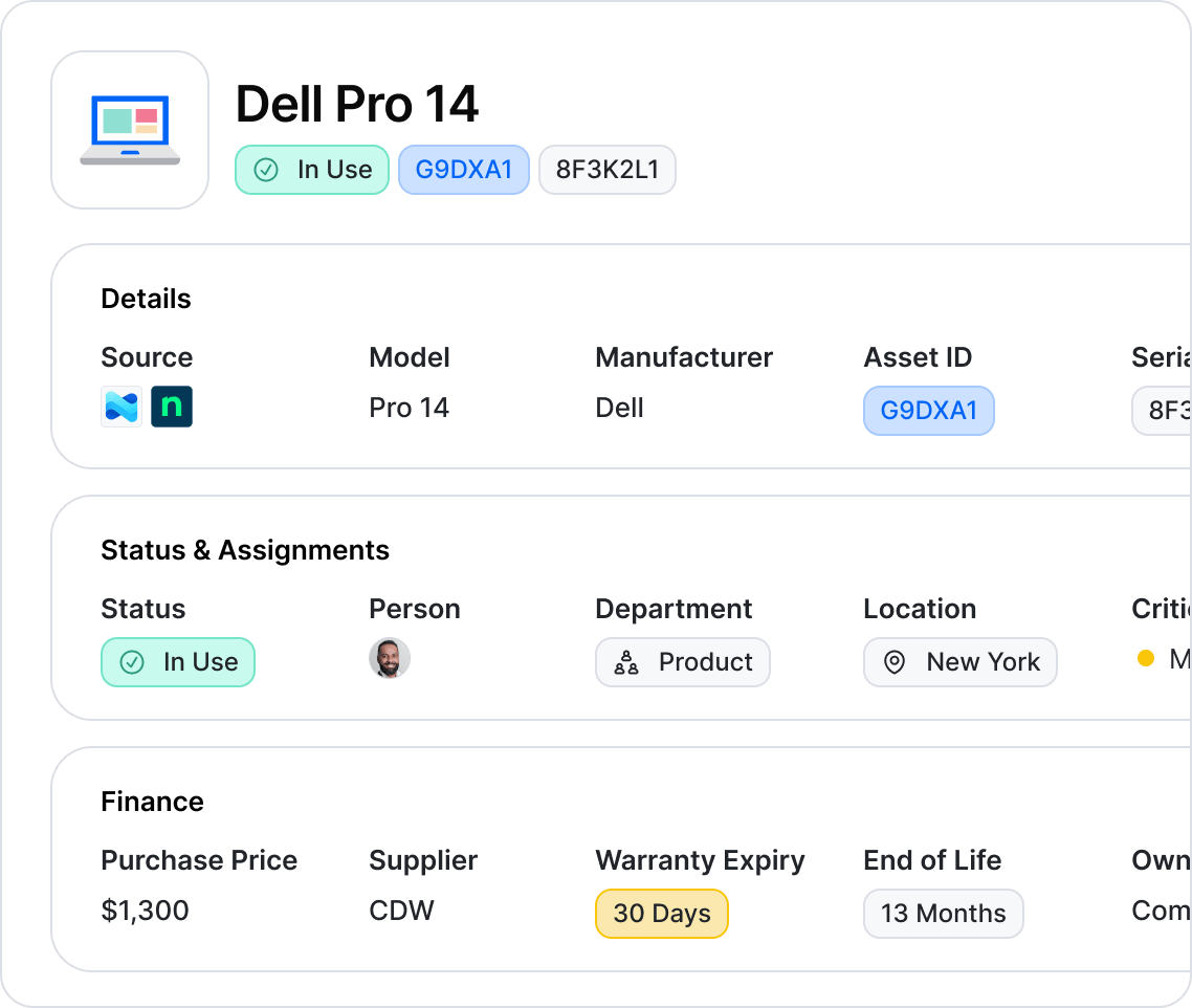 IT asset profile in the Setyl IT Asset Management platform, including full lifecycle information such as specification, data sources, asset ID, status, assigned person, department and location, purchase price, warranty expiry, end of life, supplier, and more.