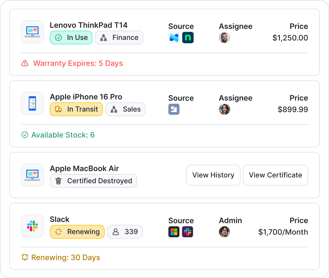 List of IT assets and software licenses alongside their lifecycle data showing IT asset management and lifecycle tracking in Setyl's ITAM software.