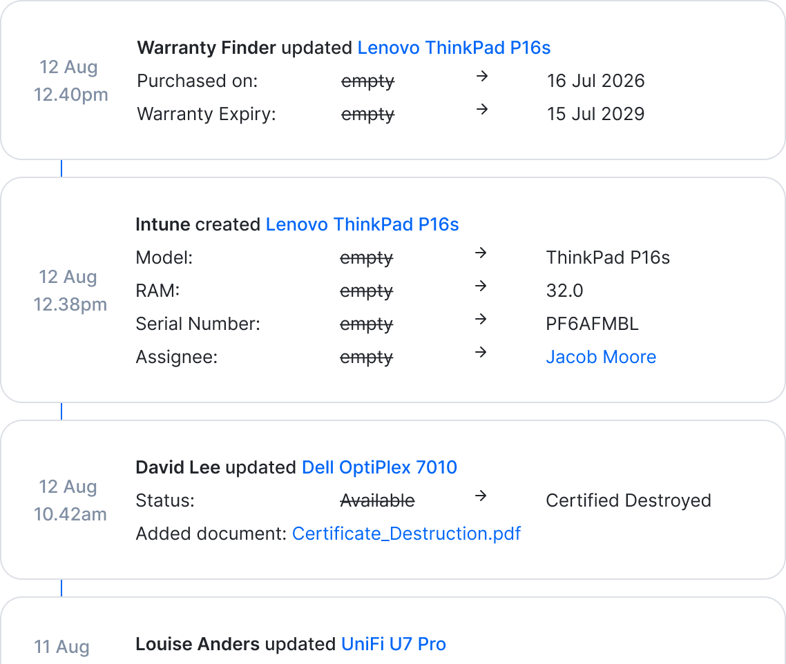 Activity logs in the Setyl ITAM platform, showing a list of changes made by users as well as automated updates made by integrations and tools, from asset creation and status updates to archiving, providing a clear paper trail for audits and compliance requirements.