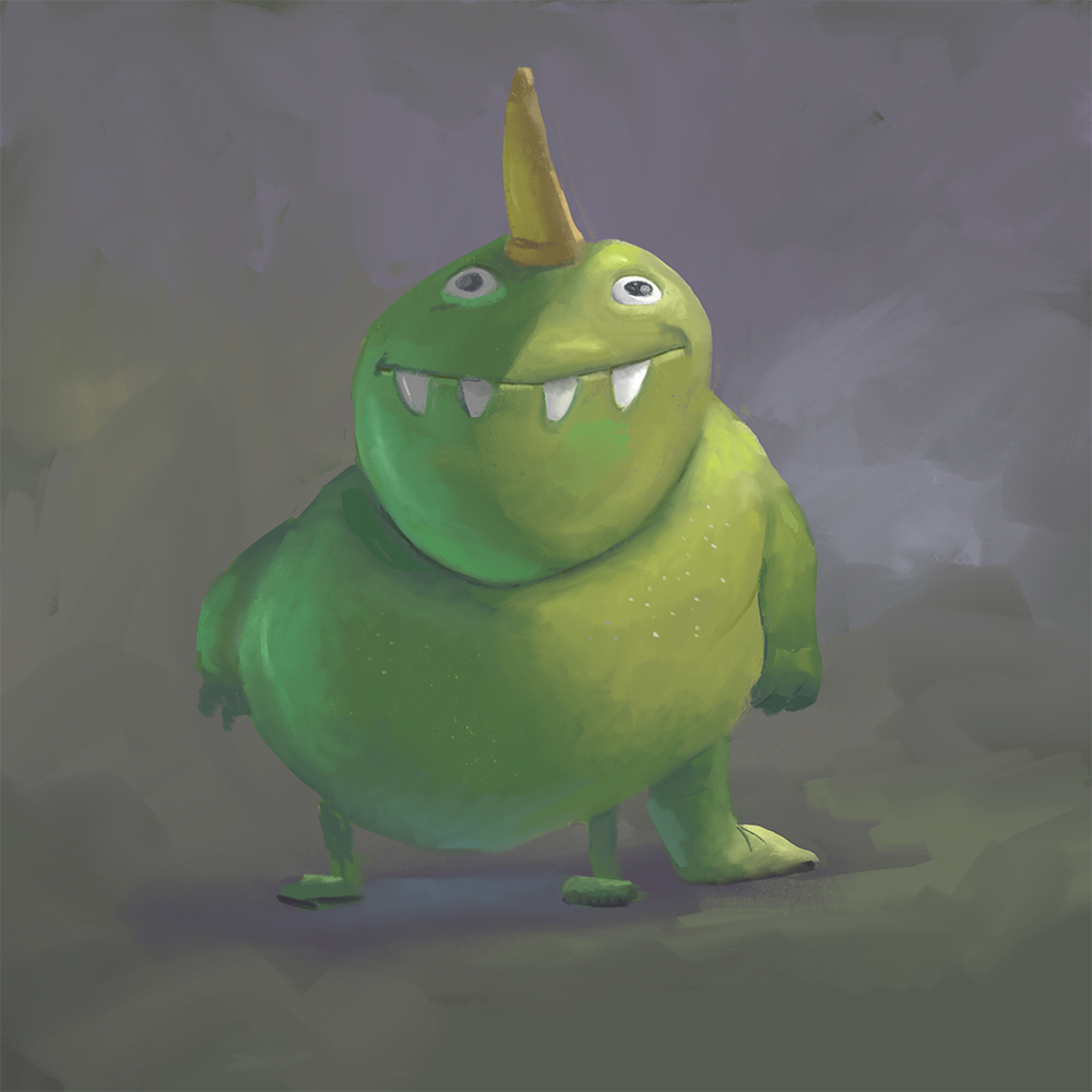 A smiley green-horned creature